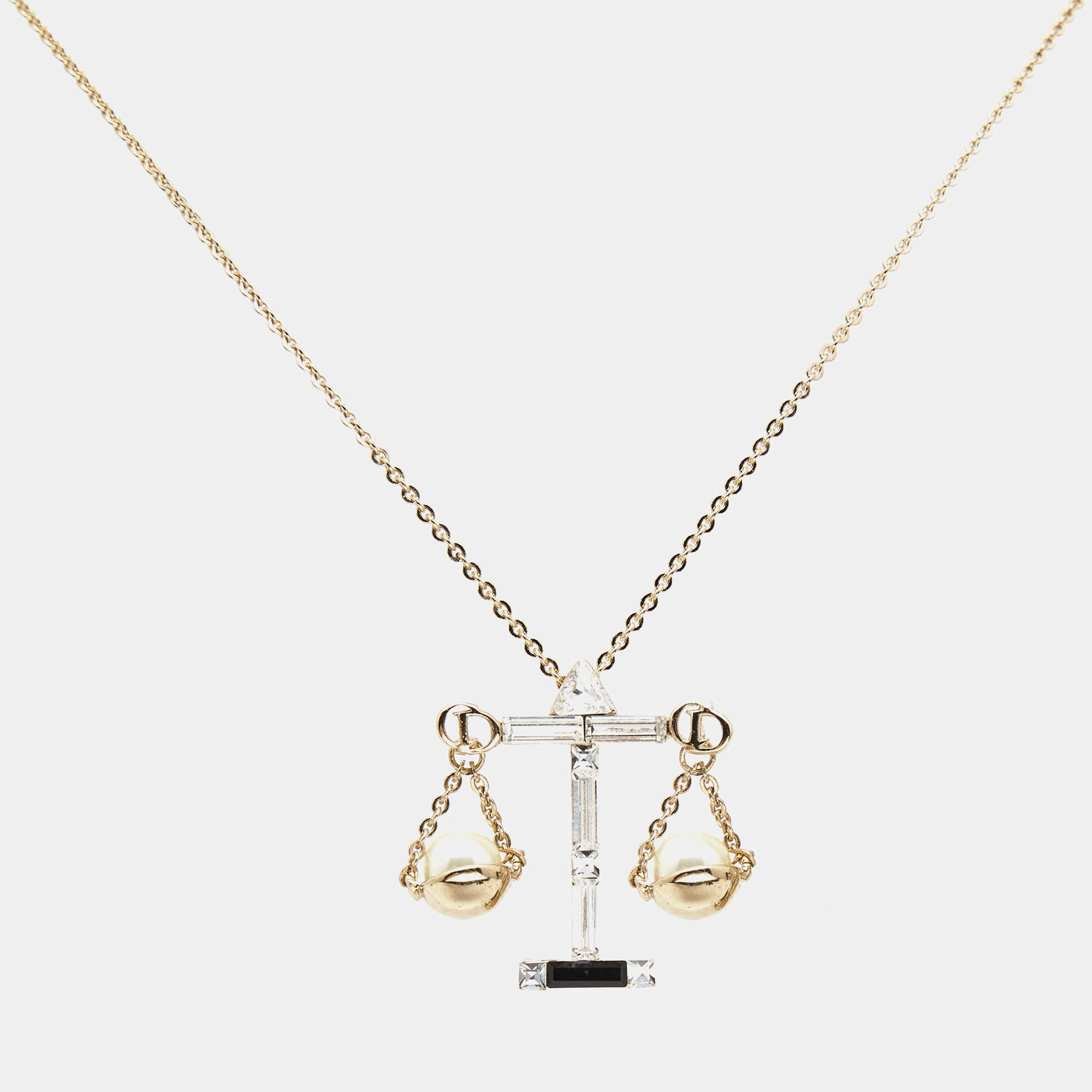 Pre Owned Dior Tell Me Dior Libra Faux Pearl Crystal Gold Tone Pendant Necklace