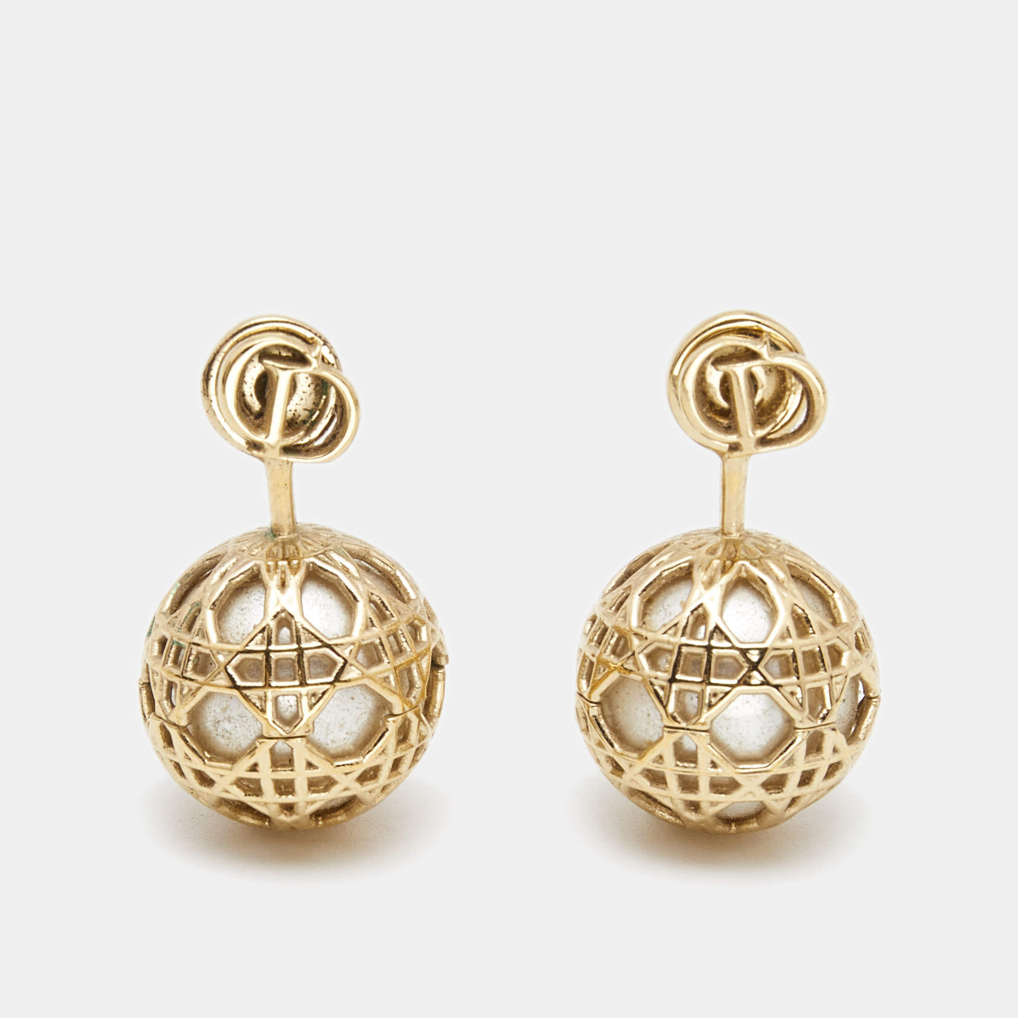 Dior Secret Cannage Faux Pearl Gold Tone Drop Earrings
