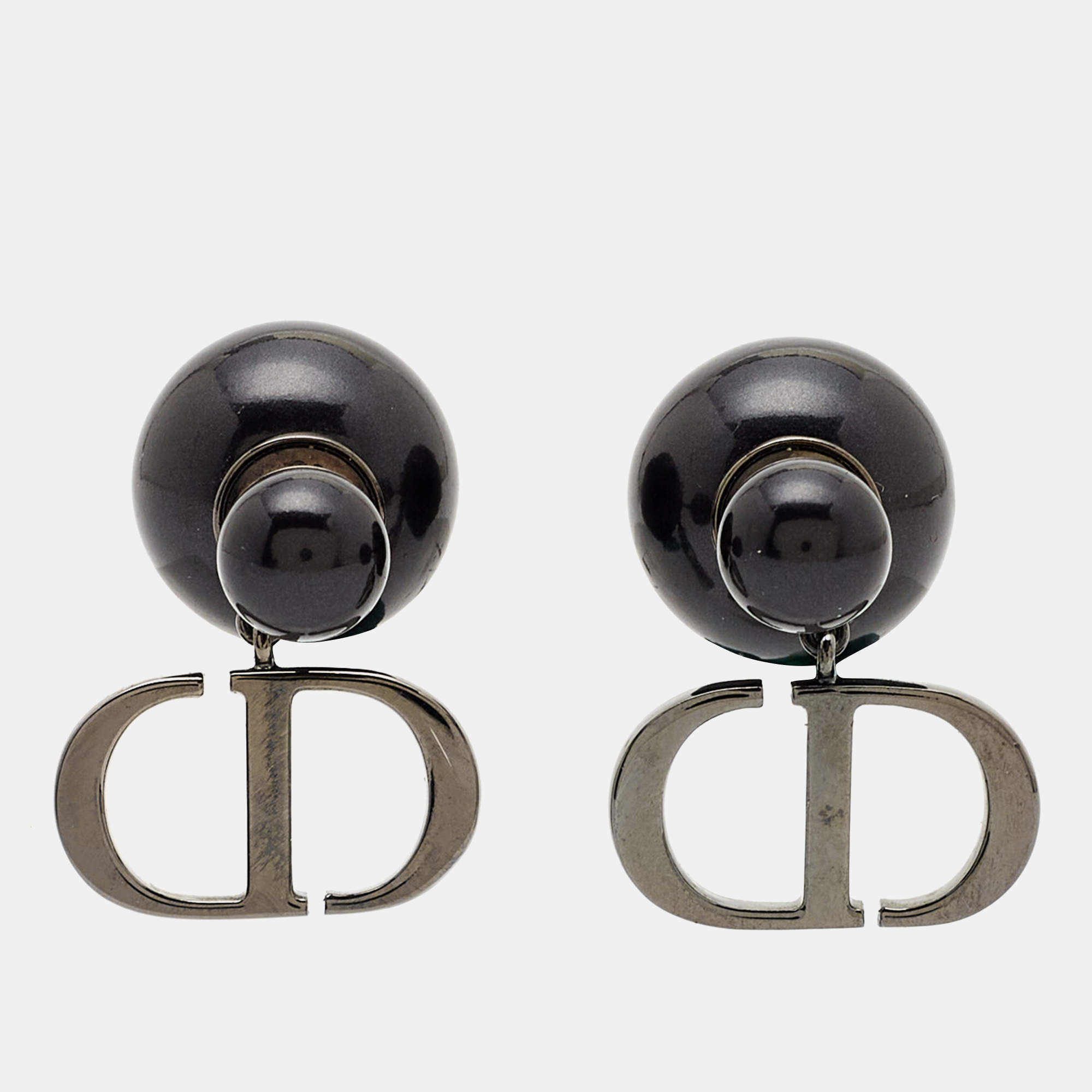 Pre Owned Dior Tribales CD Logo Gunmetal Tone Earrings