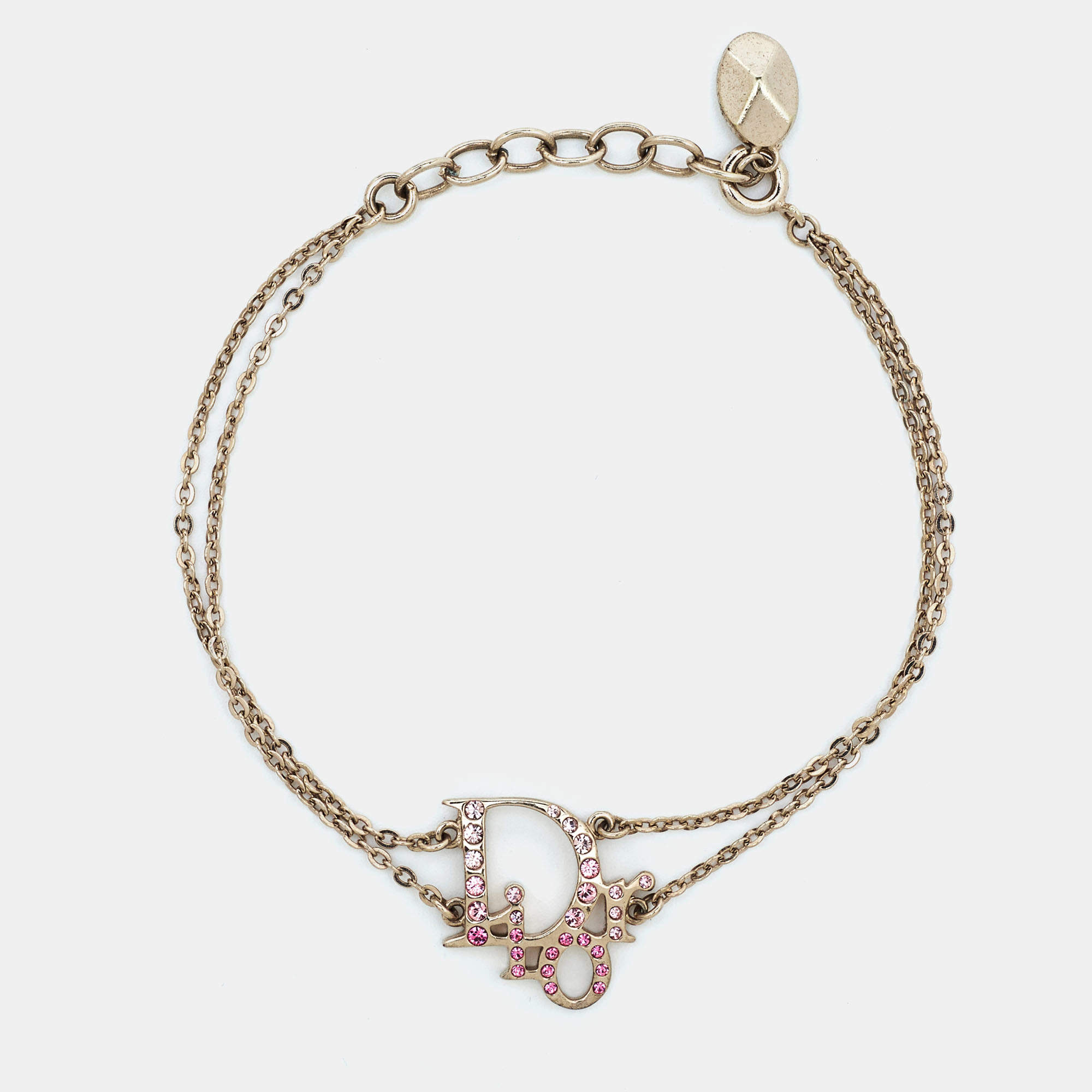 Dior Pink Crystal Oblique Charm Double Chain Bracelet