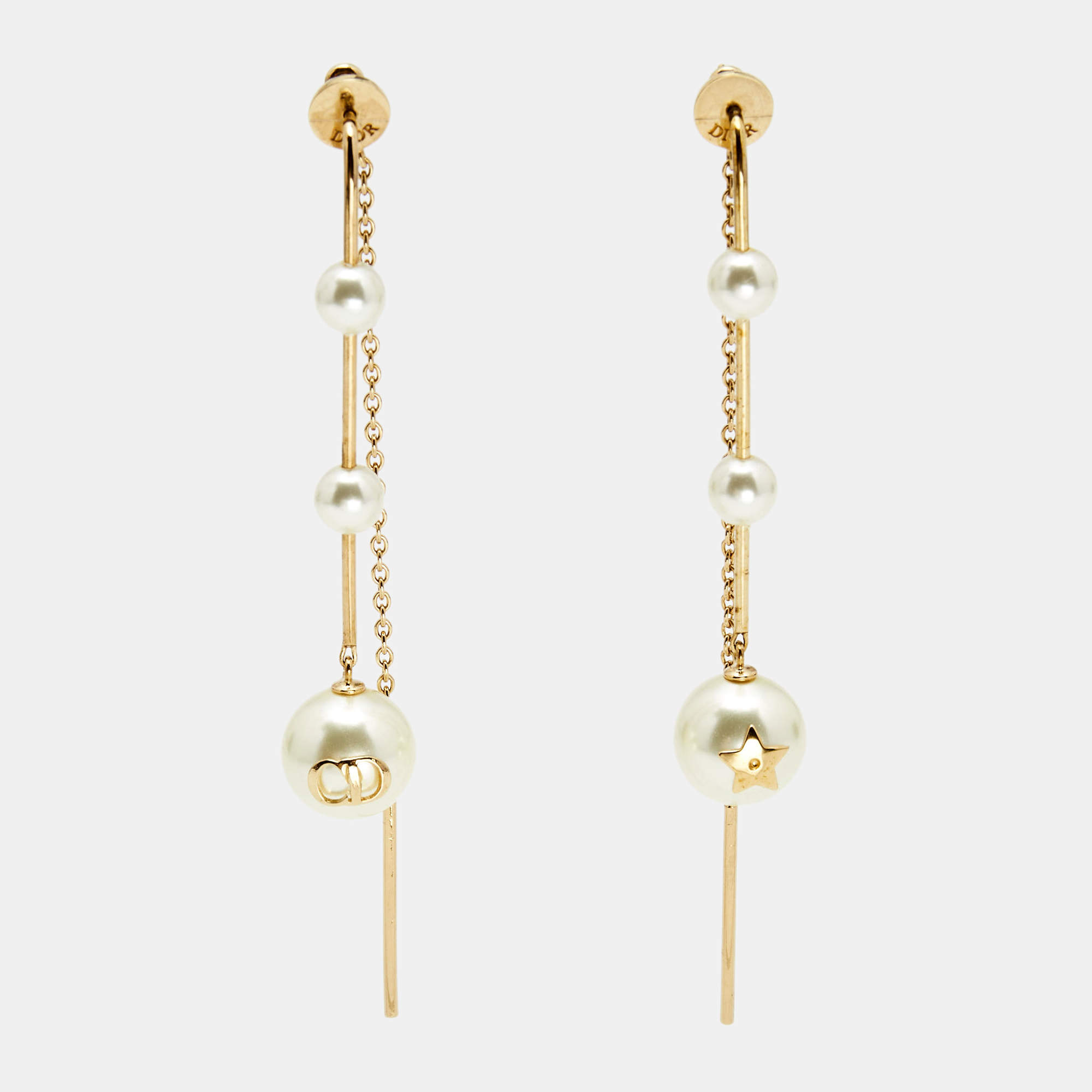 Dior Faux Pearl Gold Tone Chain Dangle Earrings