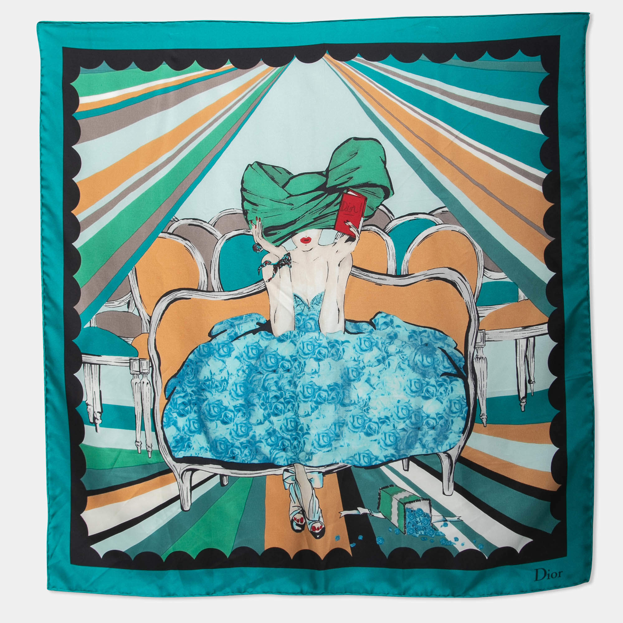 Pre Owned Dior Green Girl Print Silk Scarf
