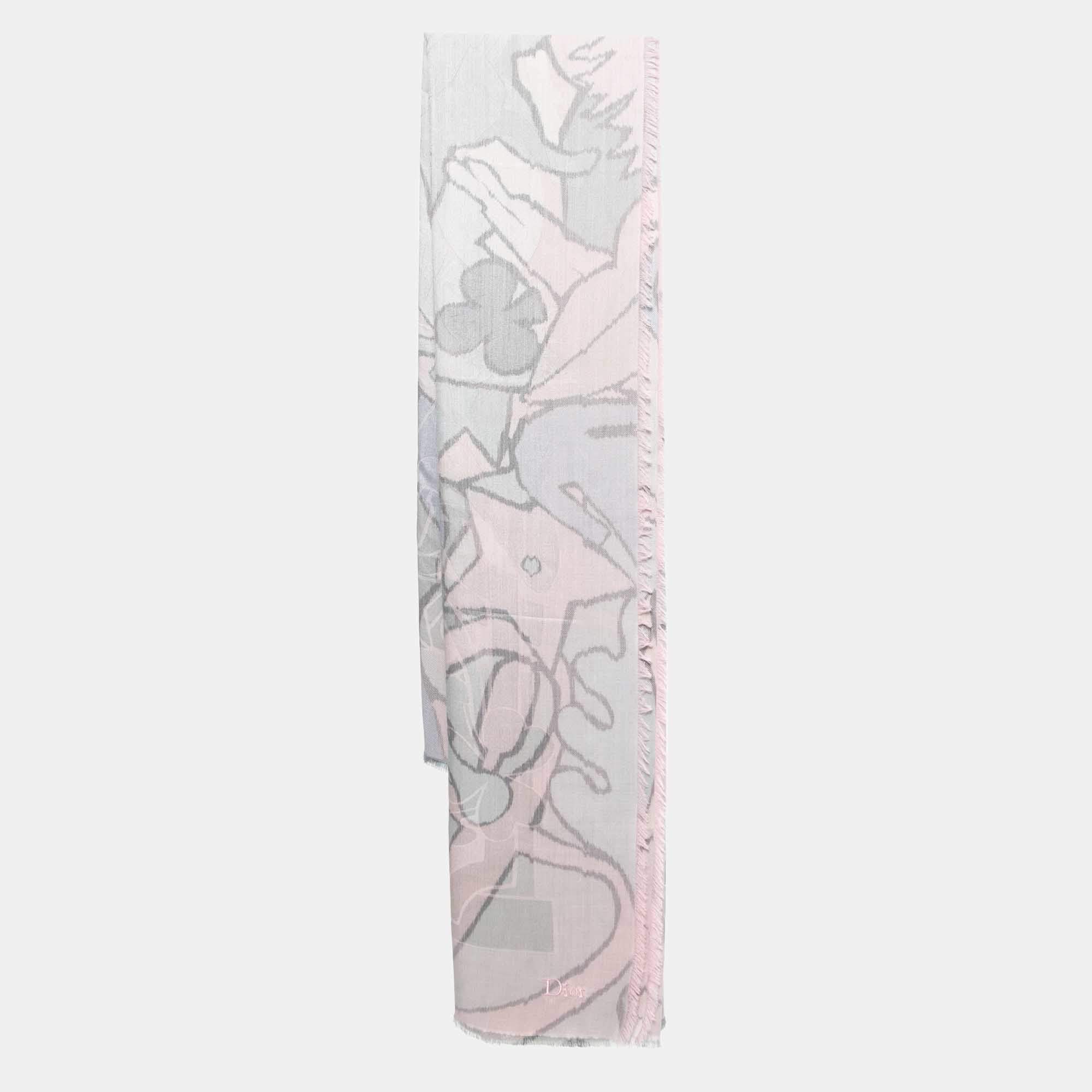 Pre Owned Dior Pastel Pink Printed  Silk & Wool Jacquard  Scarf