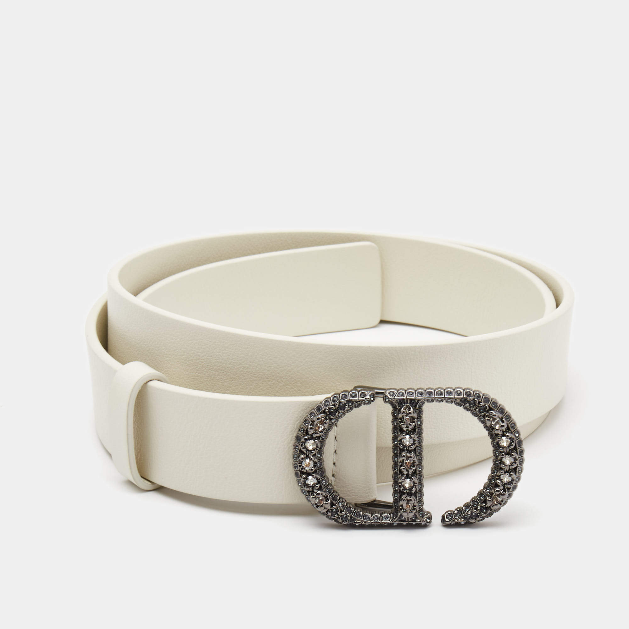 Pre Owned Dior White Leather 30 Montaigne Crystals Belt 90CM