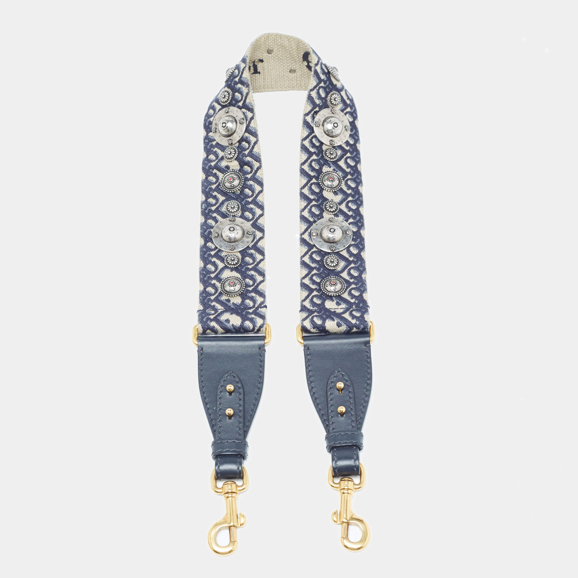 Pre Owned Dior Navy Blue Canvas and Leather Studded Saddle Shoulder Bag Strap