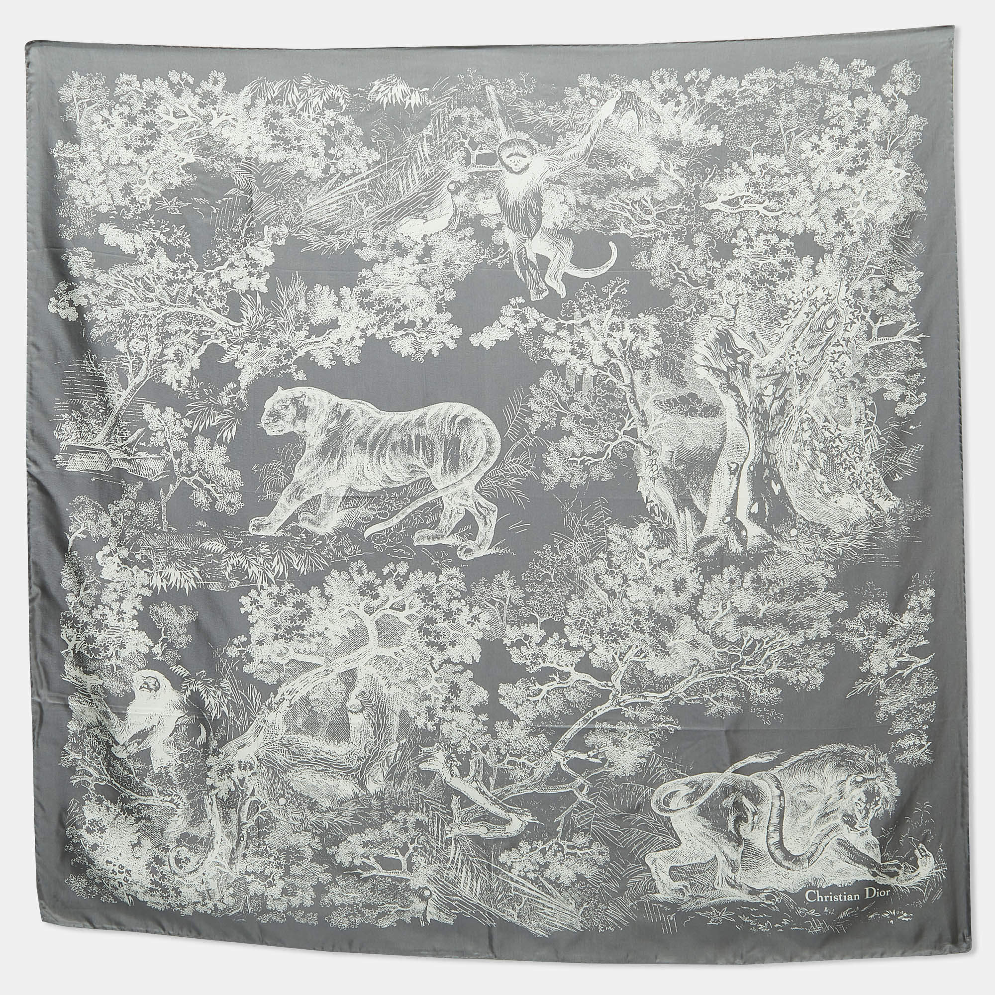 Dior Grey Silk Foulard Toile De Jouy Scarf