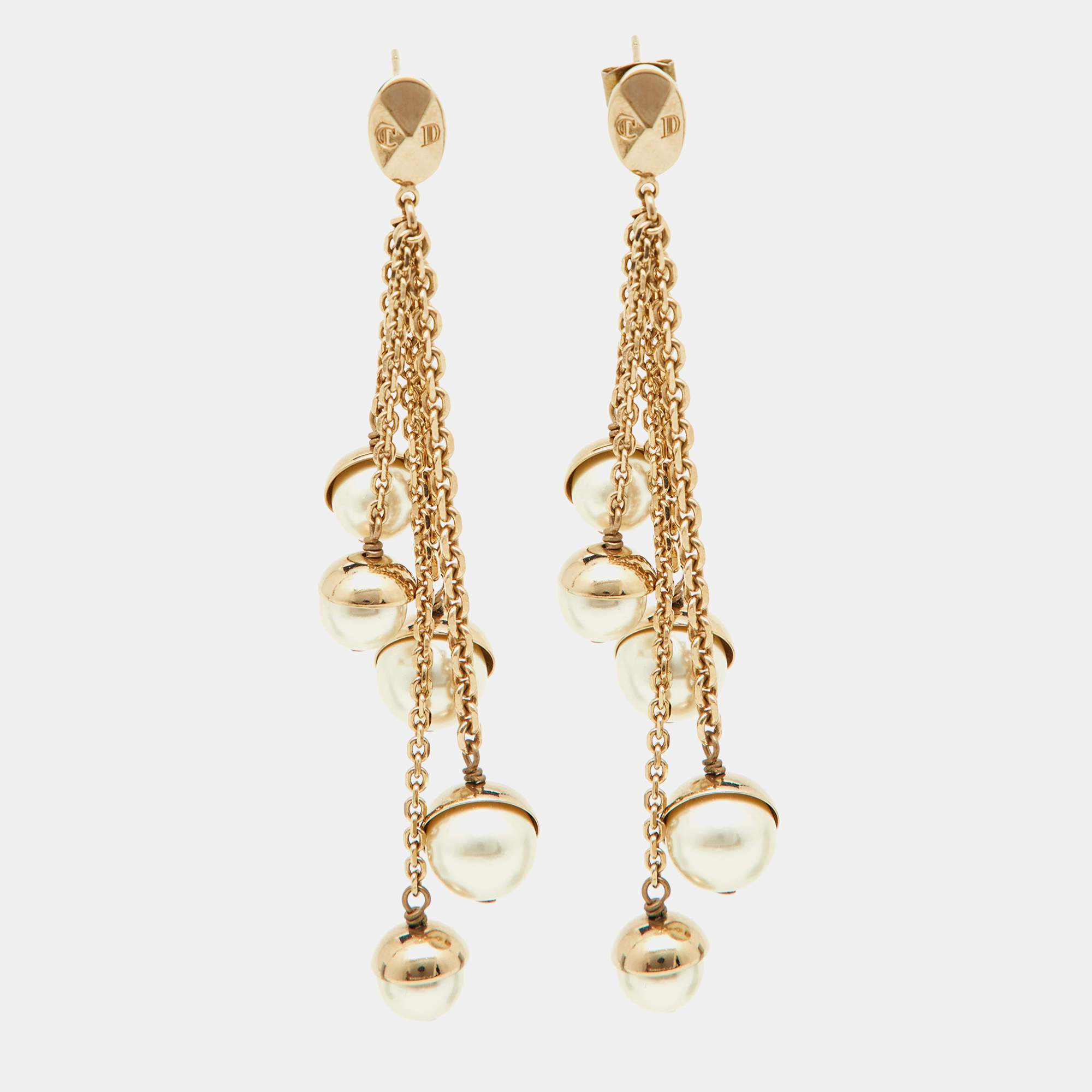 Pre Owned Dior Faux Pearl & Gold Tone Multi Chain Drop Earrings