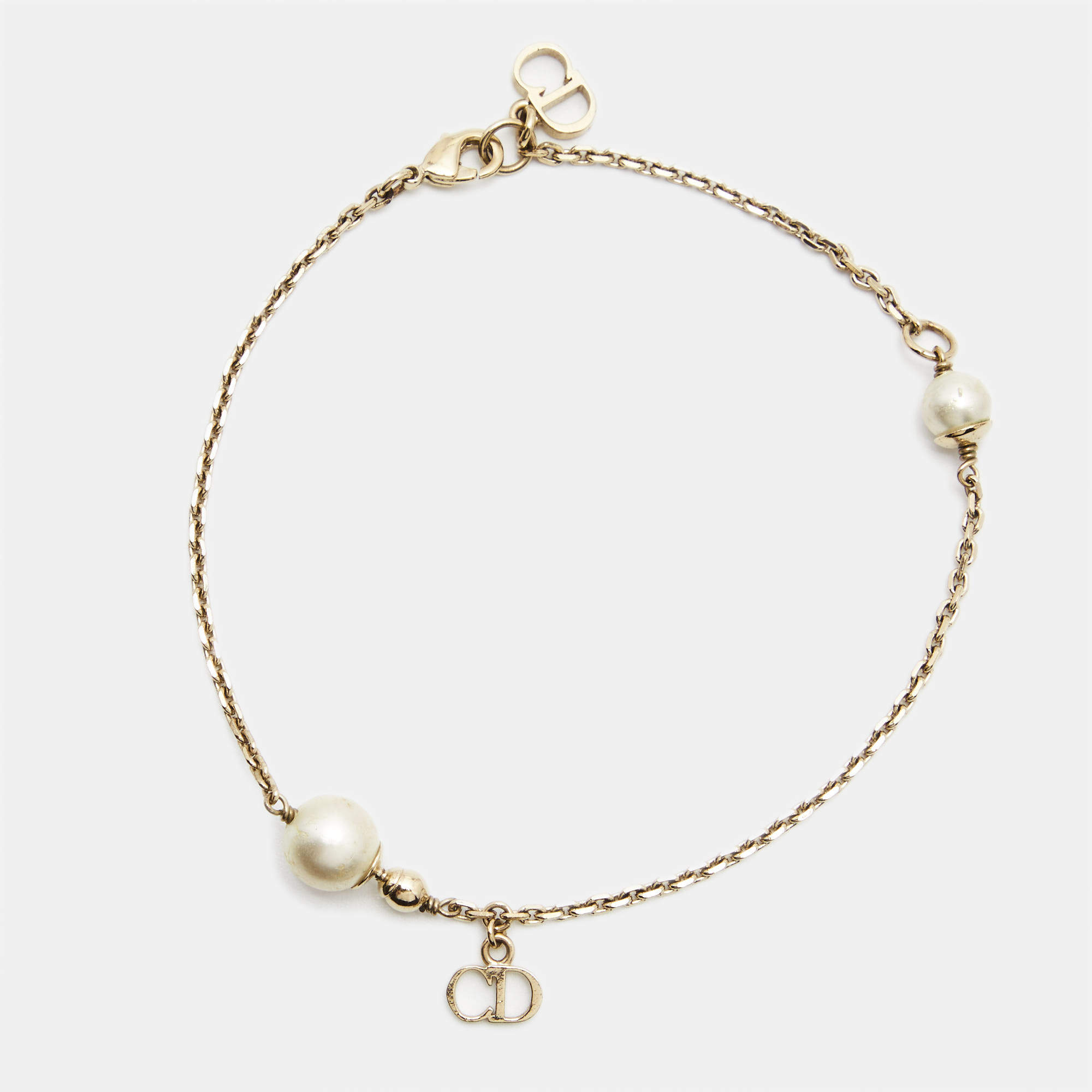 Pre Owned Dior Le Petite Tribale Faux Pearl Gold Tone Chain Bracelet
