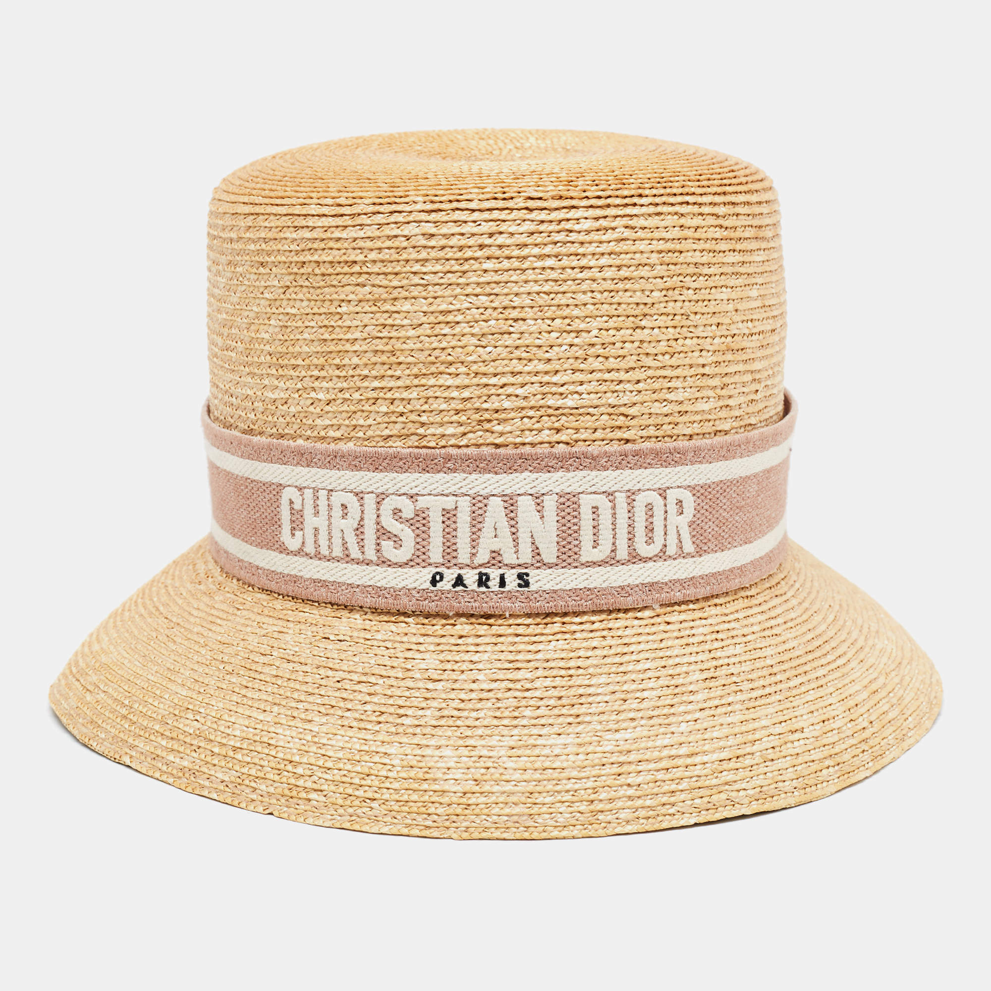 Christian Dior Beige/Pink Straw Logo Band Detail Dioresort Hat Size 57