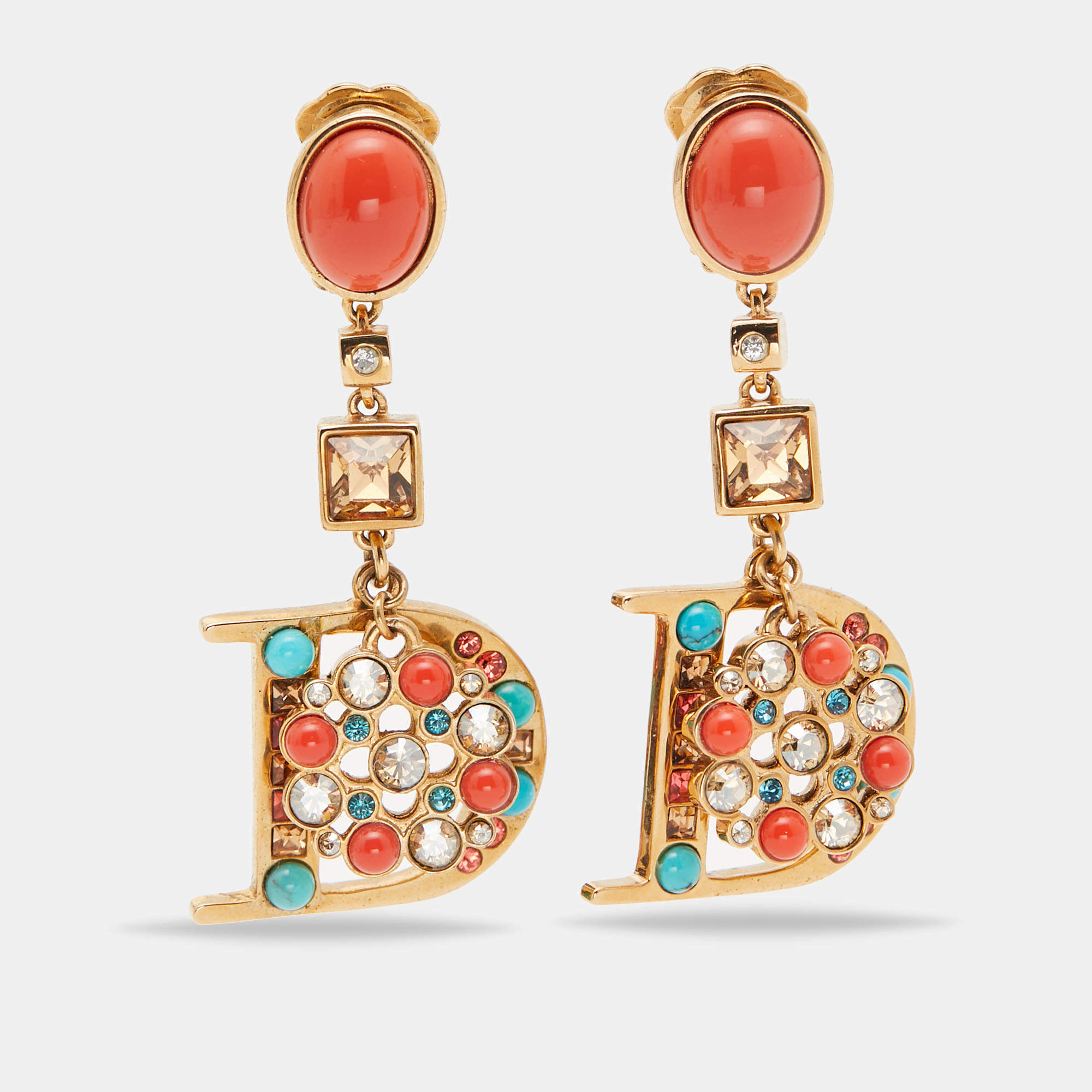 Dior Gold Tone Crystal Composite Gold Tone Drop D Clip-on Earrings