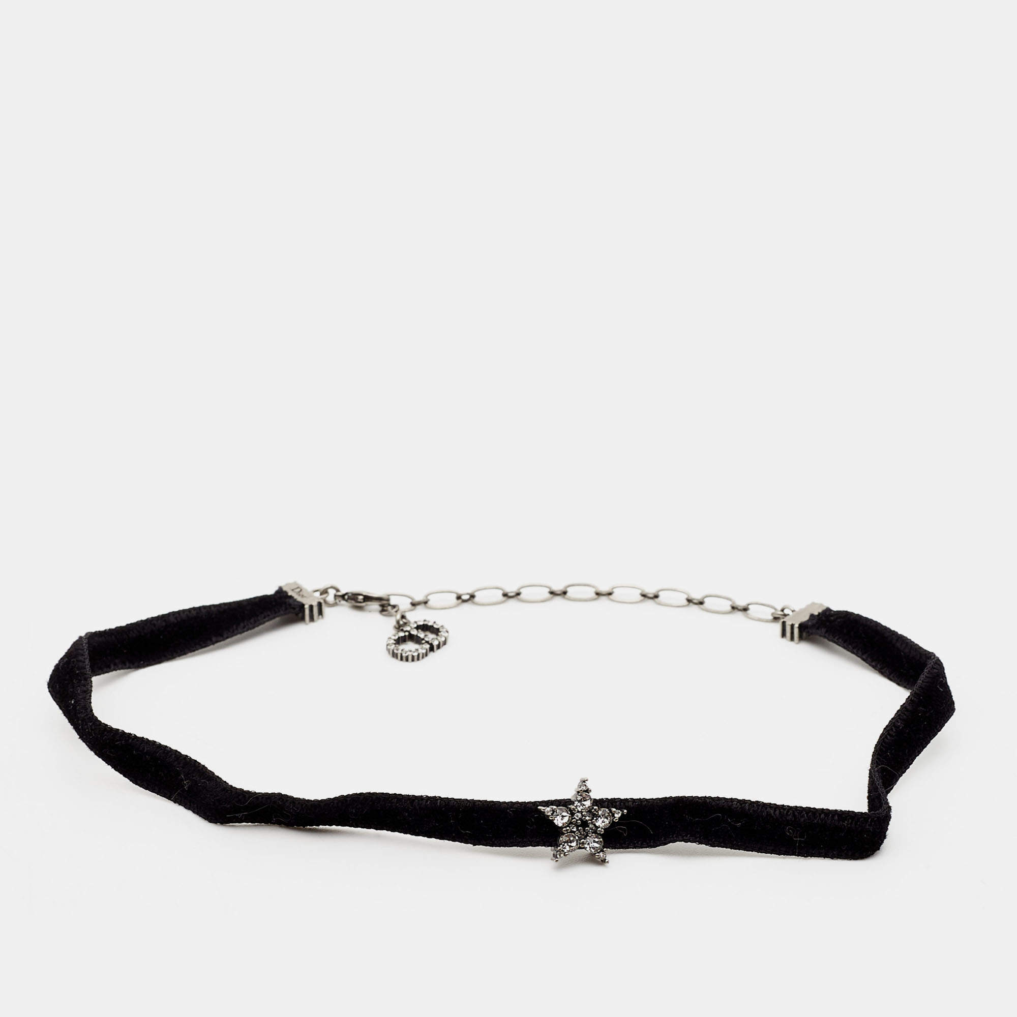 Pre Owned Dior Star Crystals Silver Tone Velvet Choker Necklace