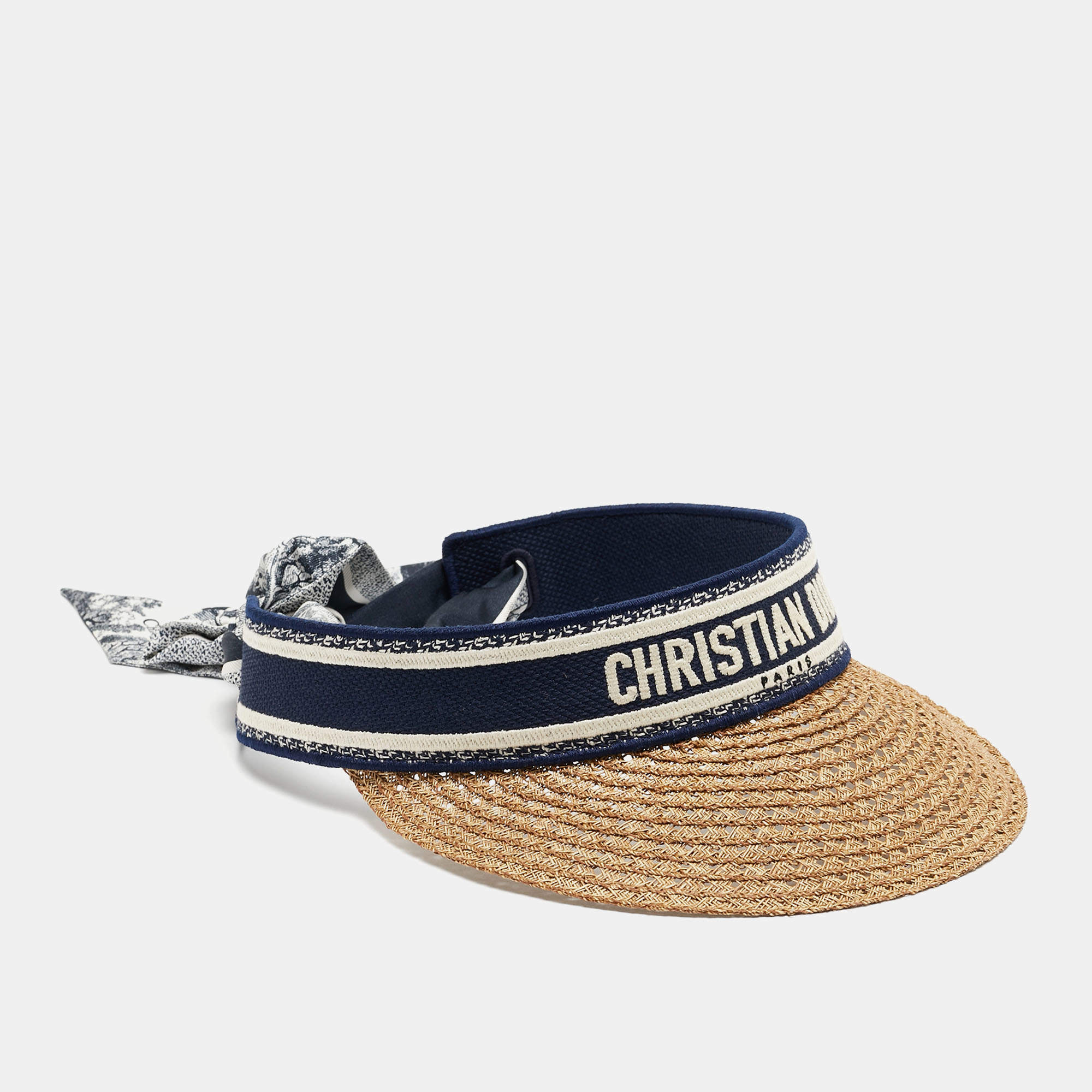 Dior Navy Blue Straw & Embroidered Canvas Mitzah D-Ocean Visor Cap