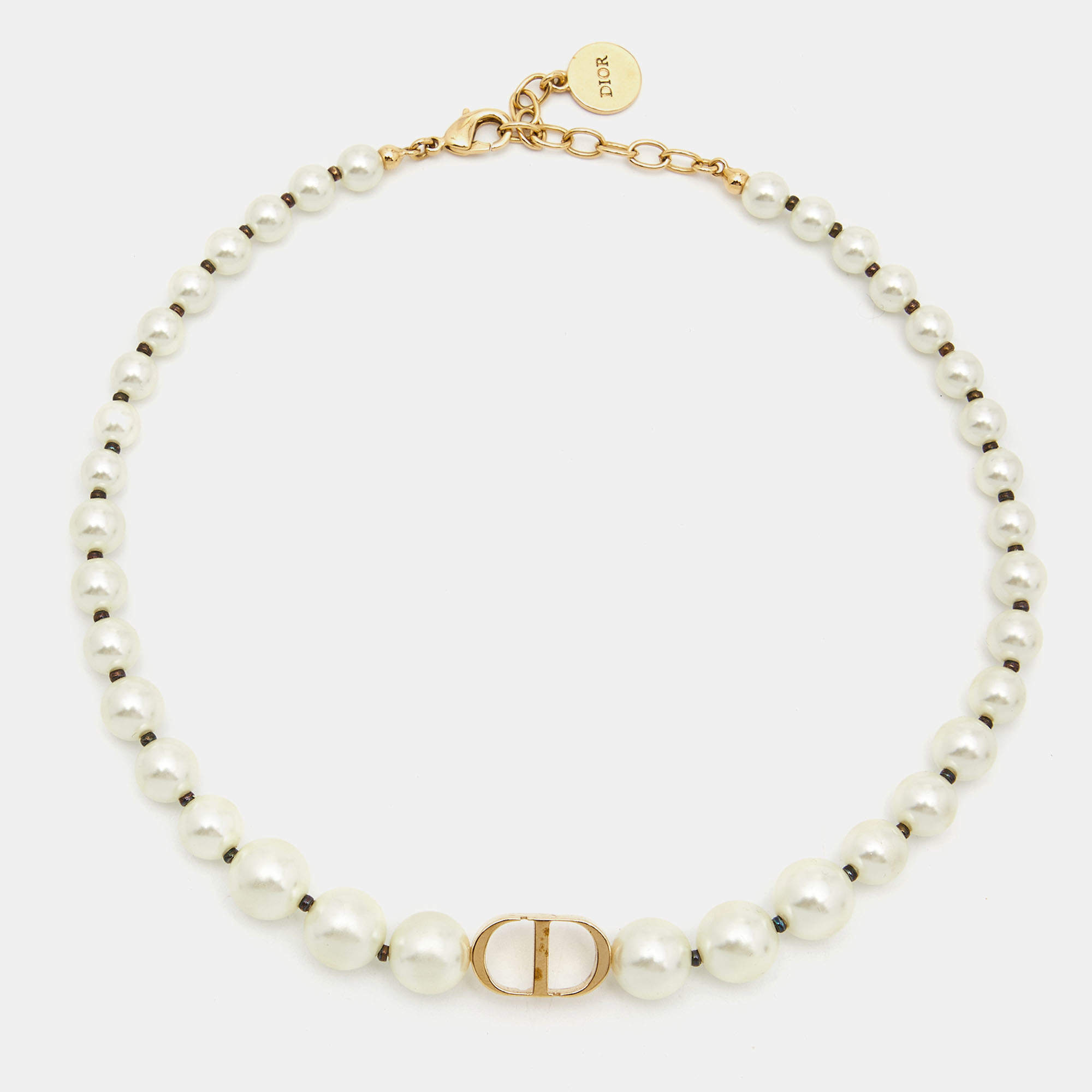 Pre Owned Dior 30 Montaigne Faux Pearl Gold Tone Choker Necklace