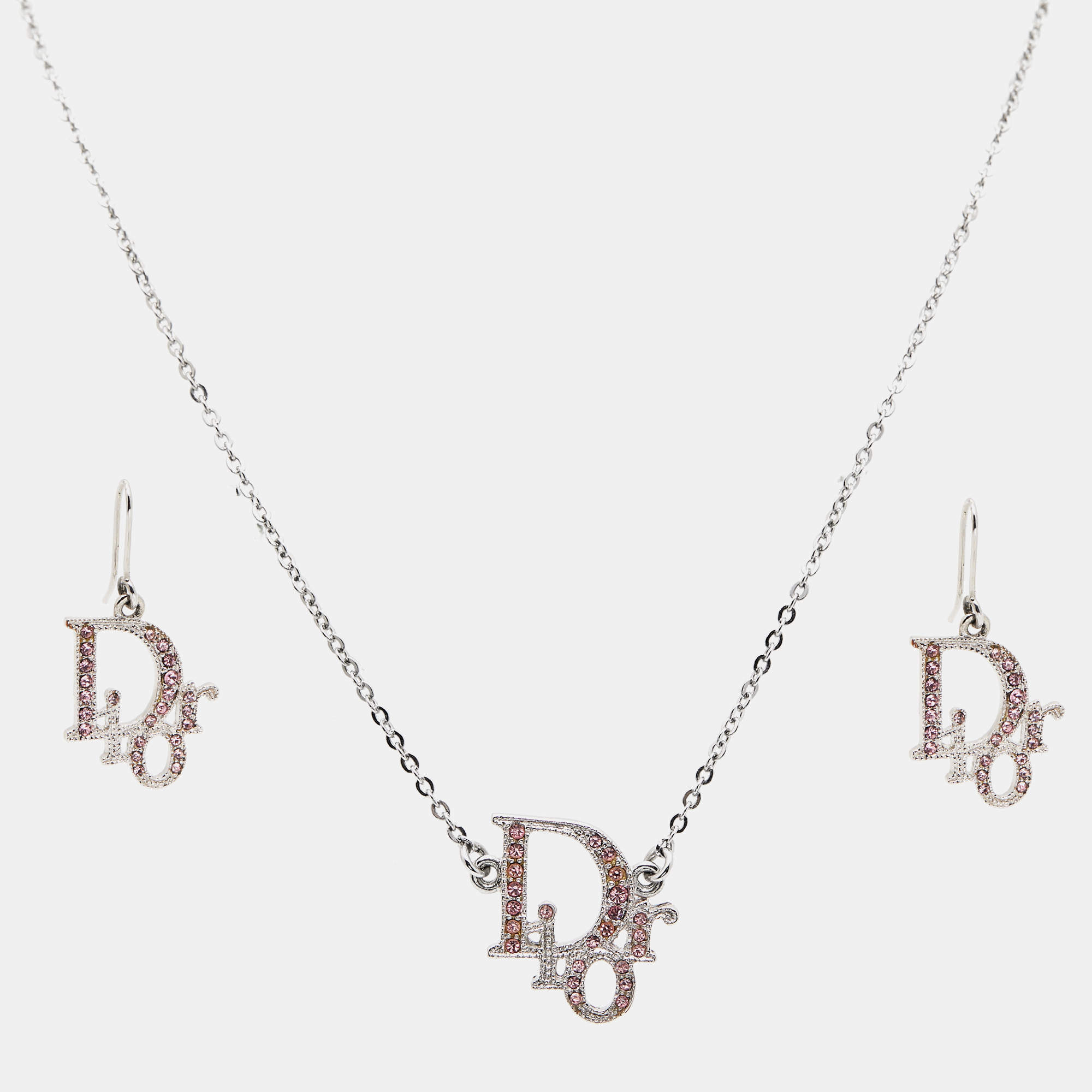 Pre Owned Dior Logo Crystal Silver Tone Necklace and Earrings
