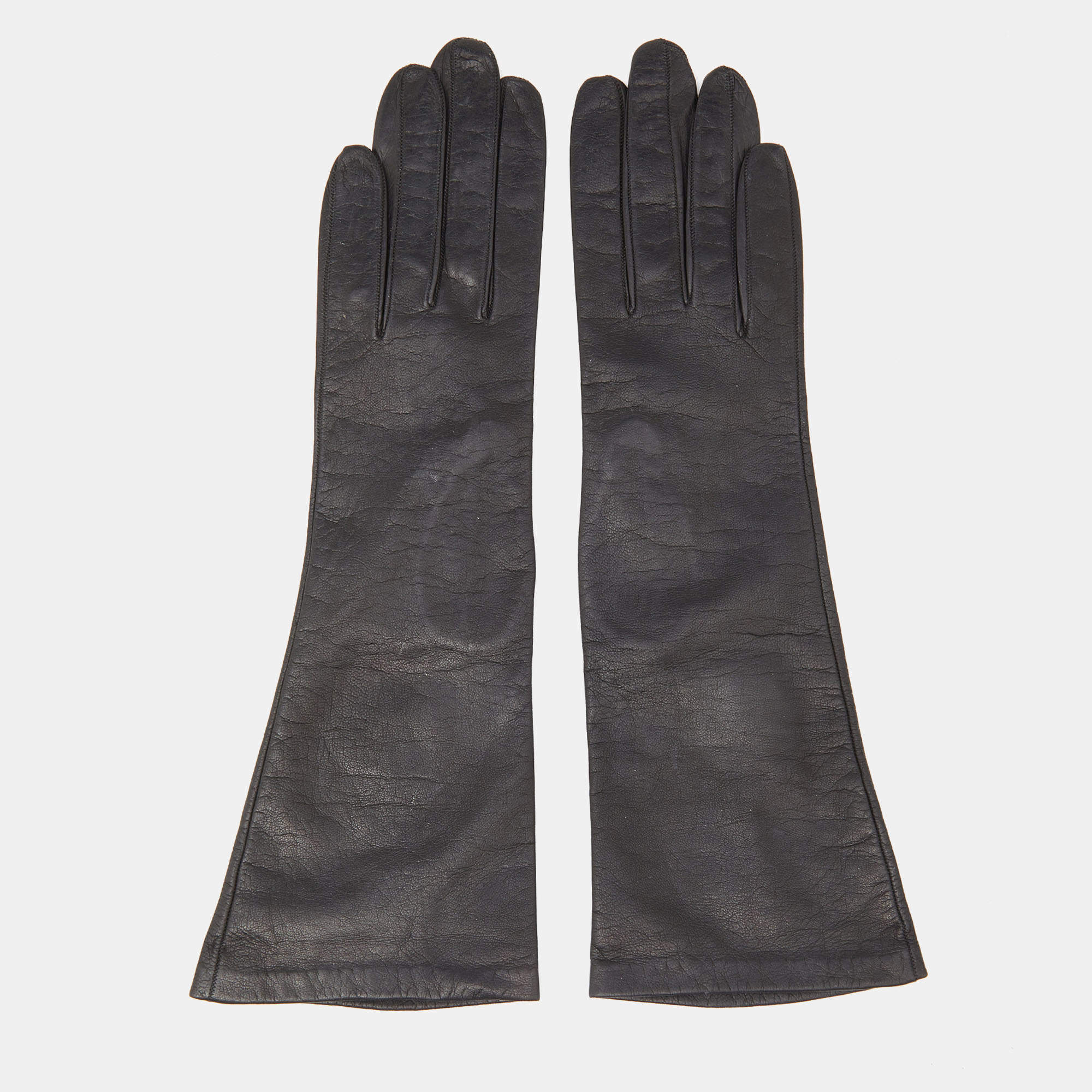Pre Owned Christian Dior Vintage Chevreau Black Leather Gloves Size 6