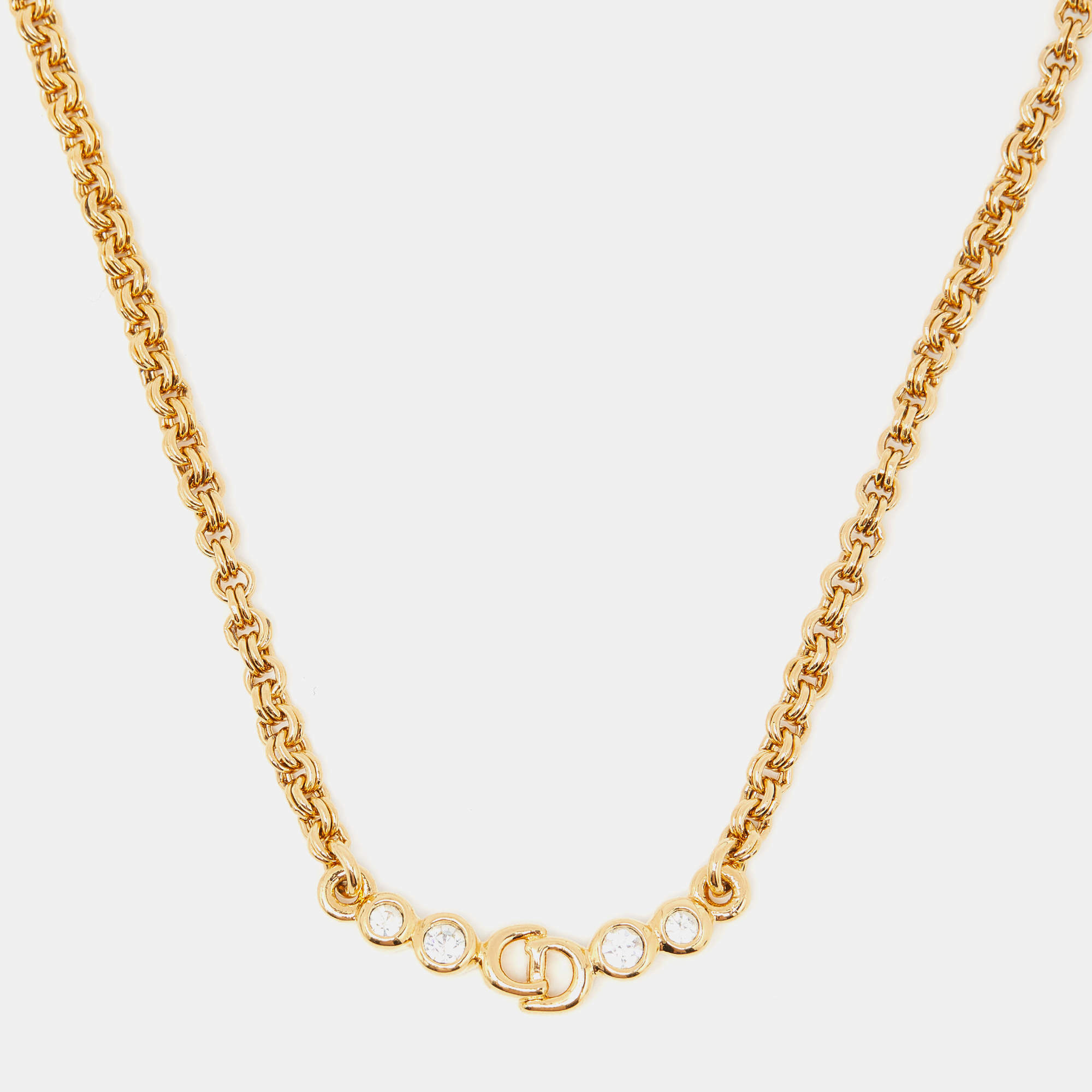 Christian Dior Vintage Gold Tone CD Rhinestone Chain Necklace