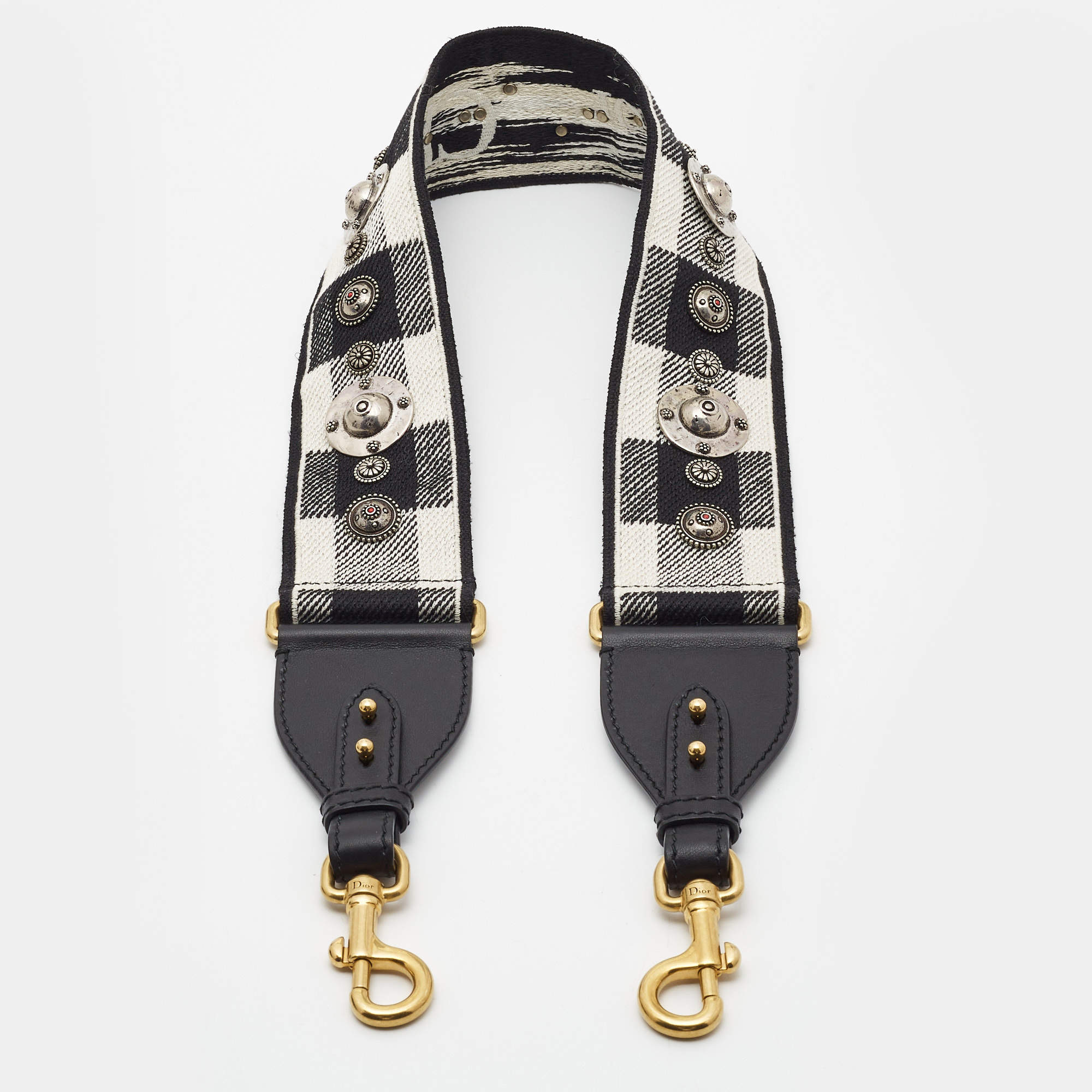 Dior Black/White Embroidered Canvas and Leather Embellished Shoulder Bag Strap