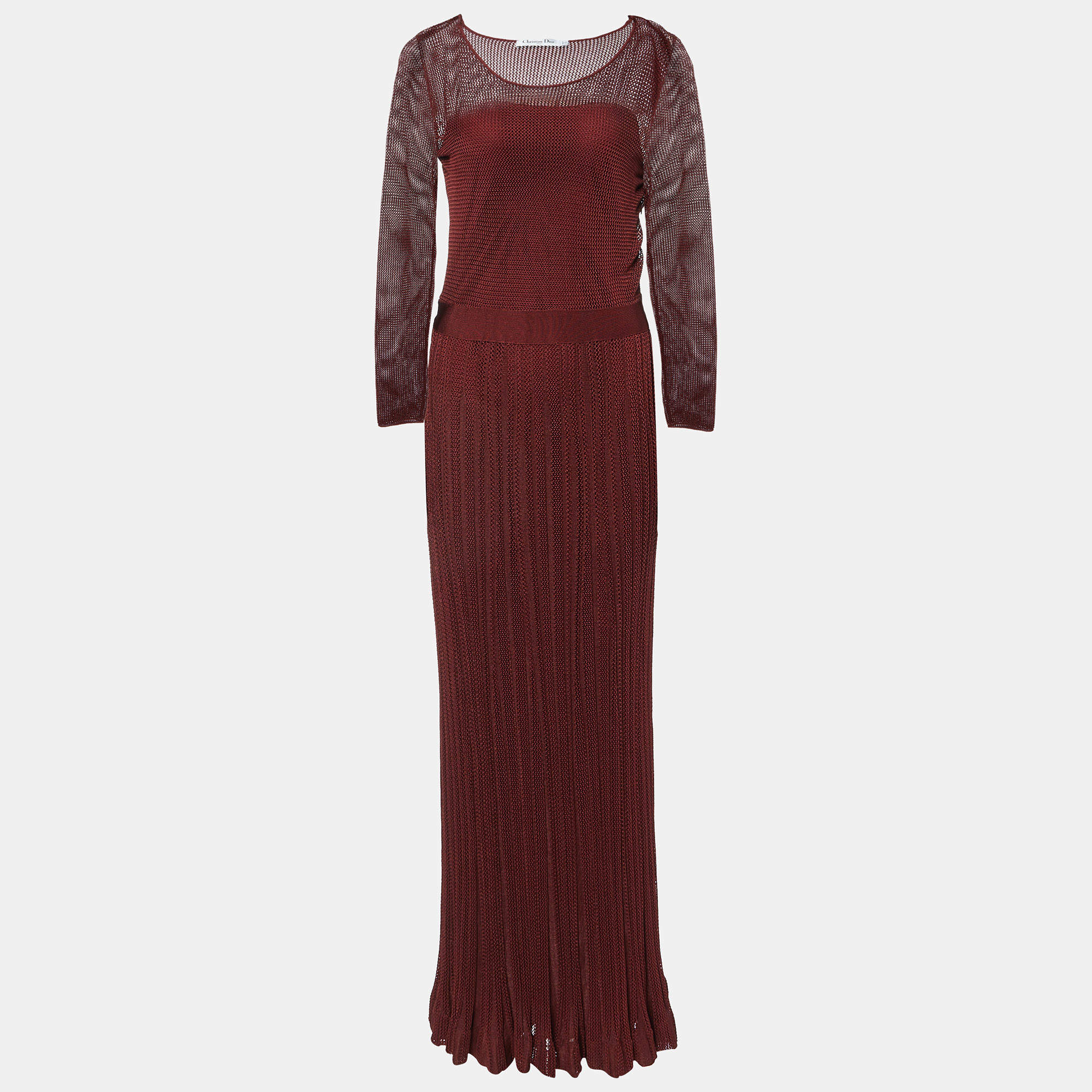Pre Owned Dior Dark Red Knit Full Sleeves Maxi Dress M