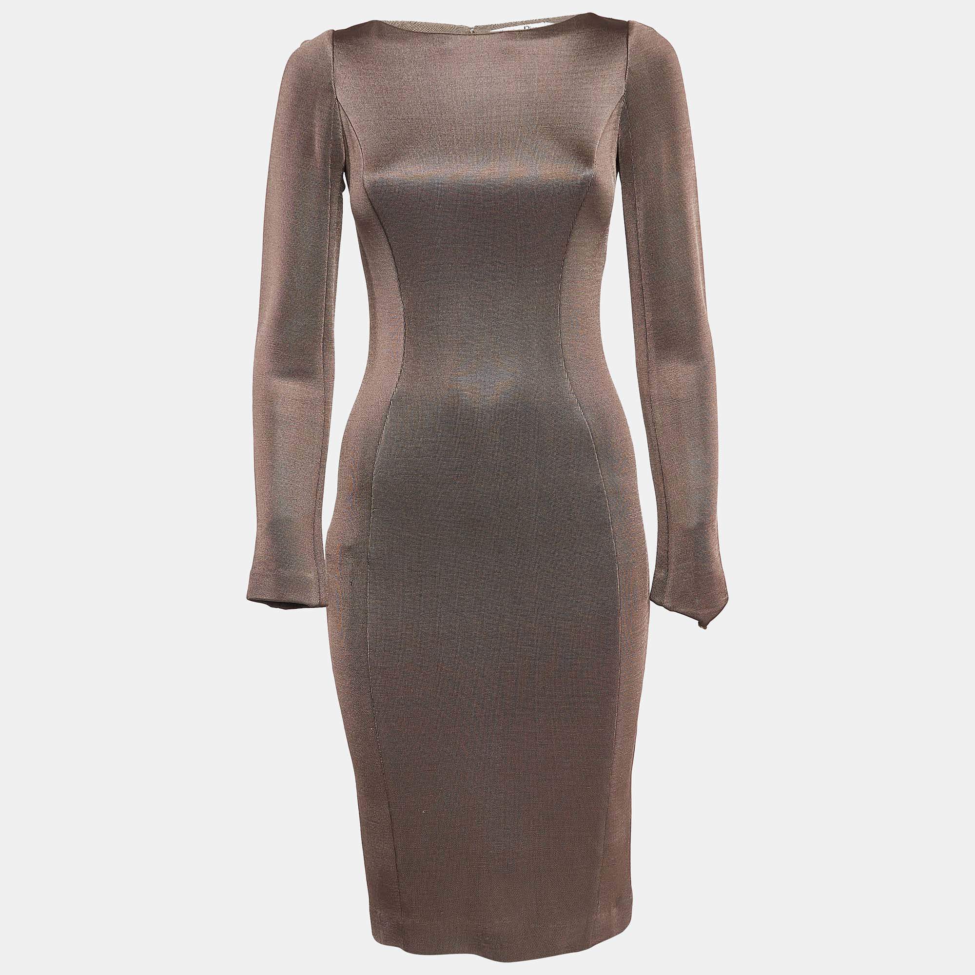 Pre Owned Christian Dior Brown Stretch Knit Sheath Dress S