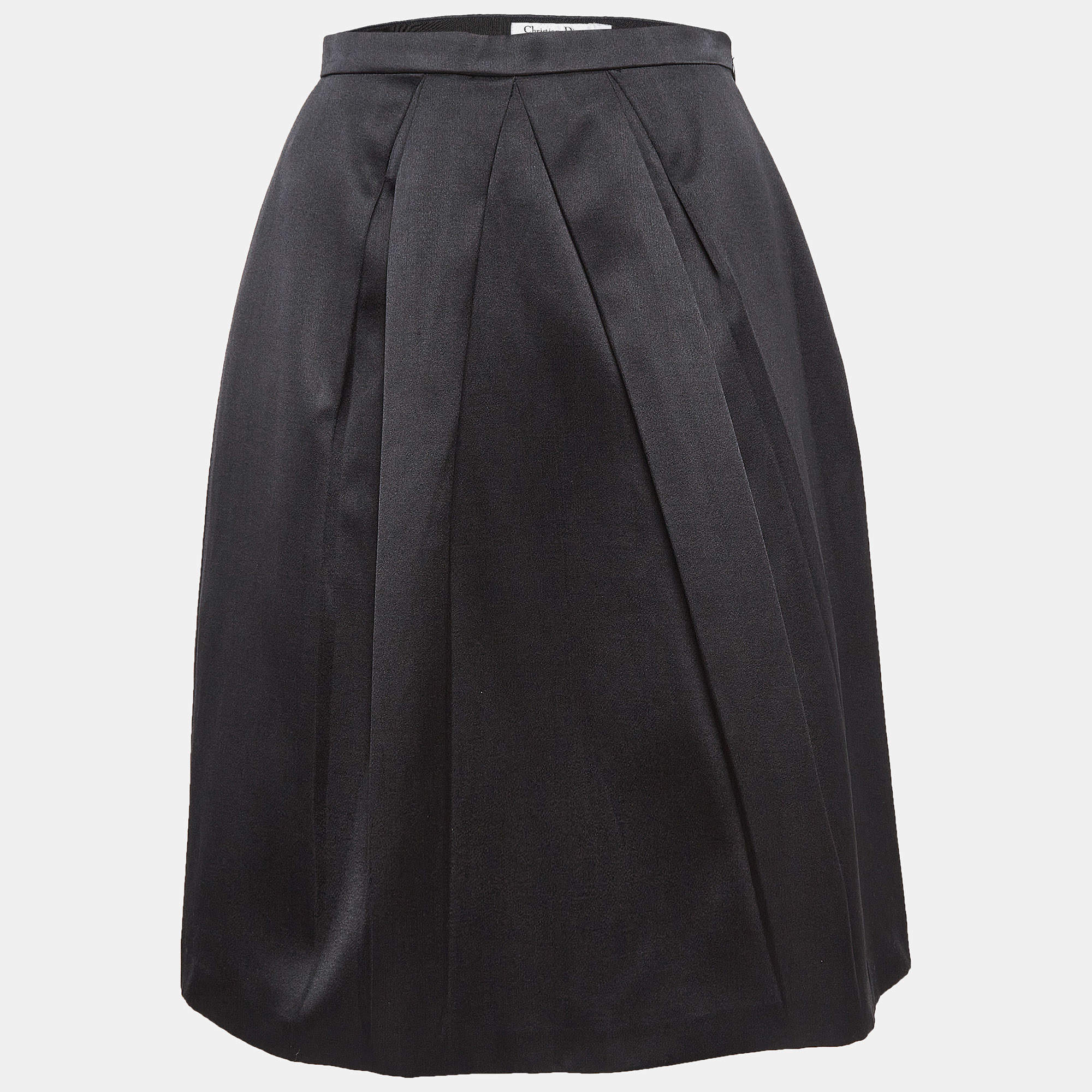 Pre Owned Christian Dior Black Satin Pleated Knee-Length Skirt S