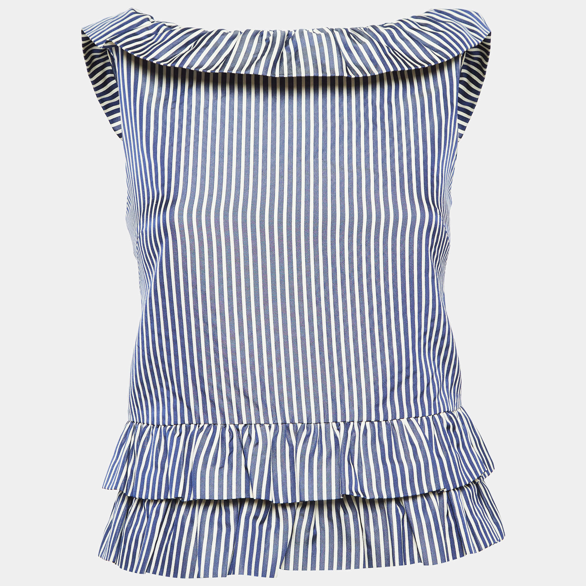 Pre Owned Dior White/Blue Stripe Patterned Cotton & Silk Blend Ruffled Top S