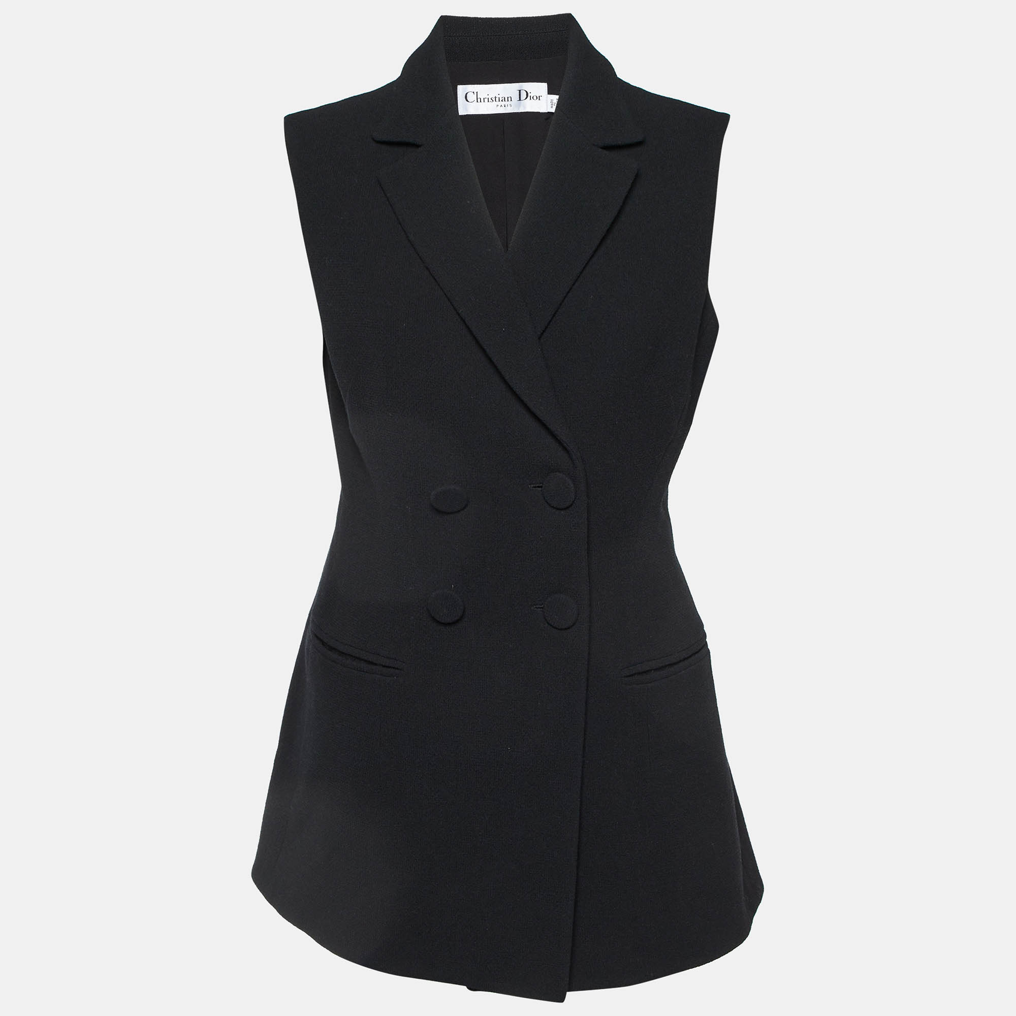 Pre Owned Dior Black Wool Double Breasted Sleeveless Mini Dress L