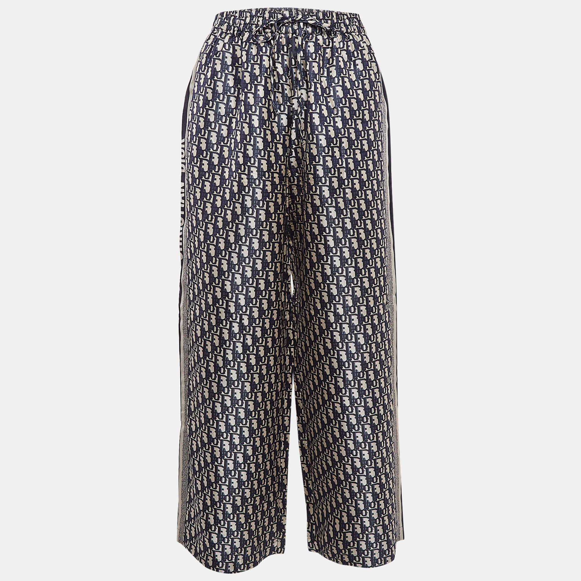 Pre Owned Christian Dior Navy Blue Oblique Patterned Silk Culotte Pants S