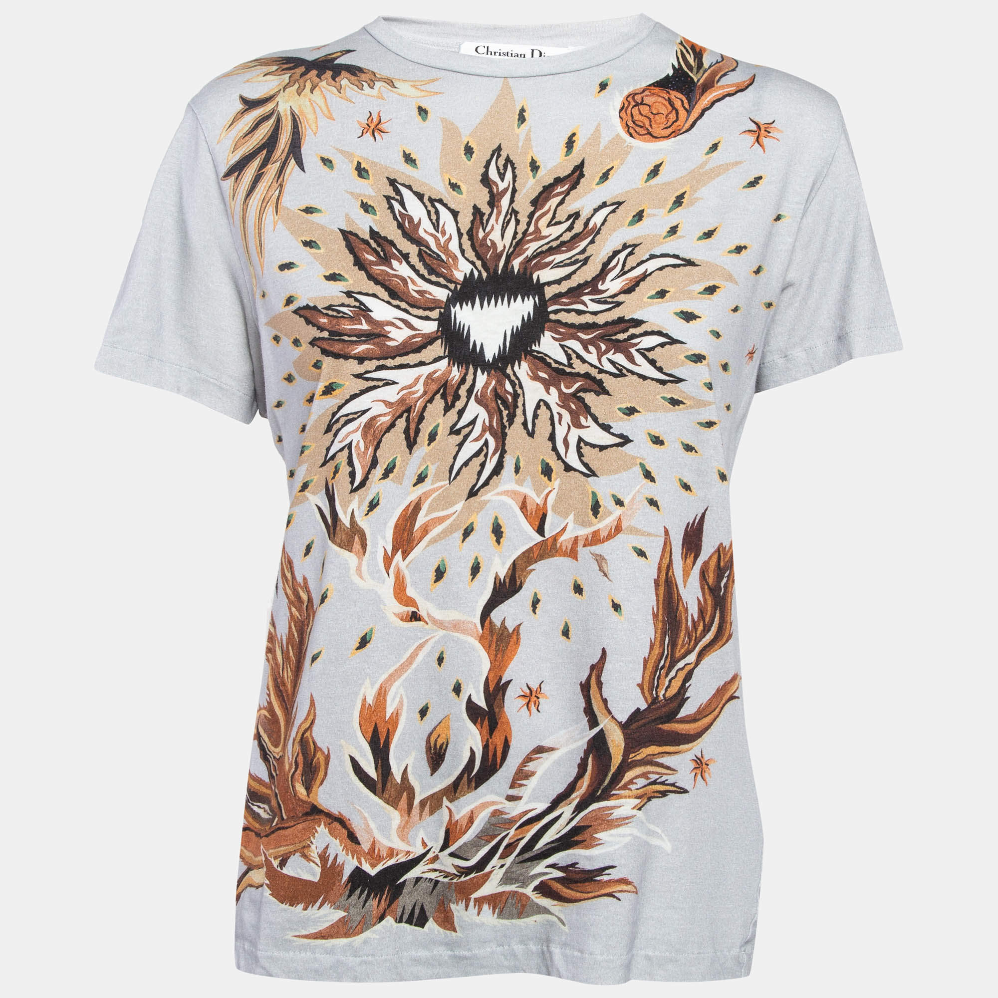 Pre Owned Christian Dior Grey Printed Cotton Jersey T-Shirt L