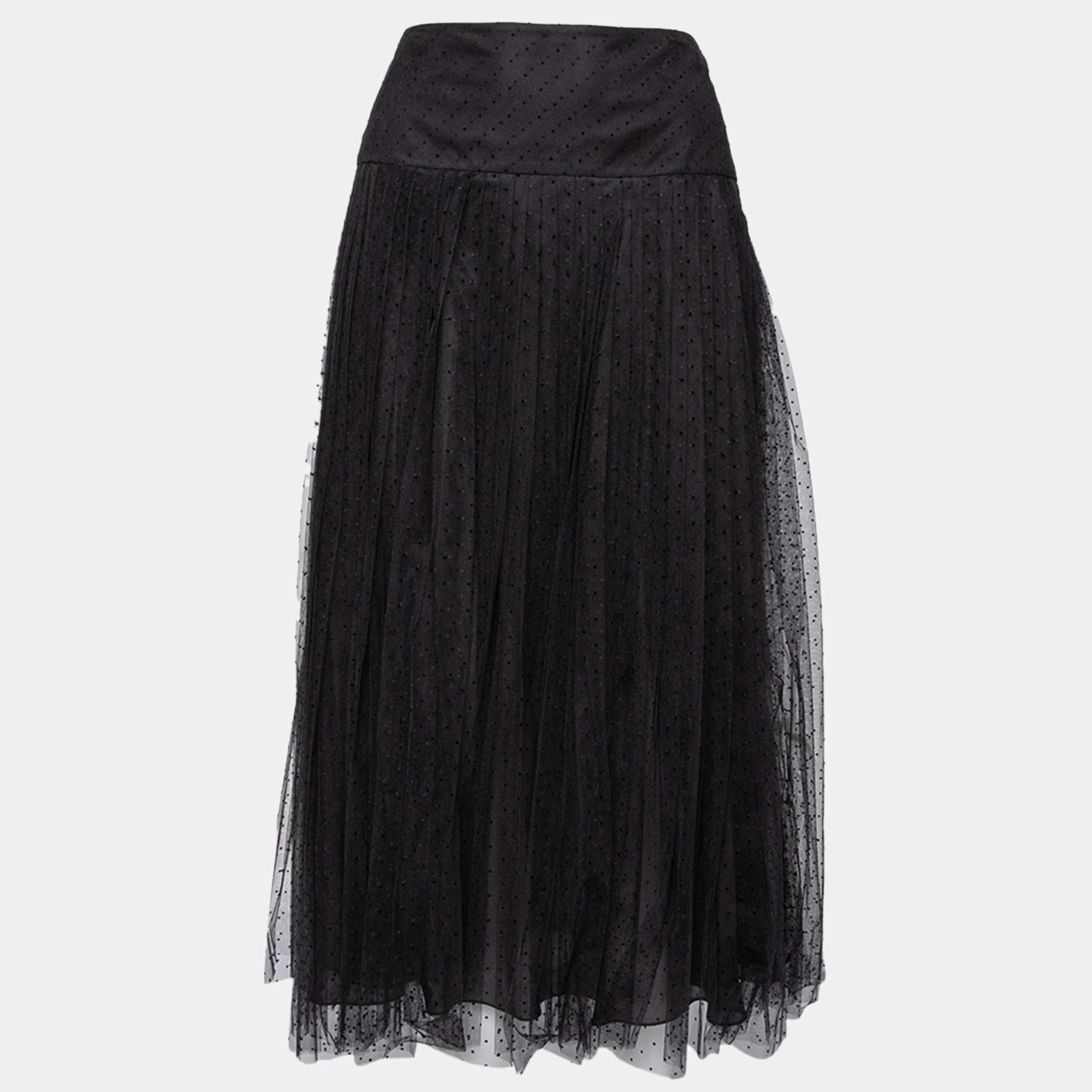 Christian Dior Black Flocked Tulle Midi Skirt L