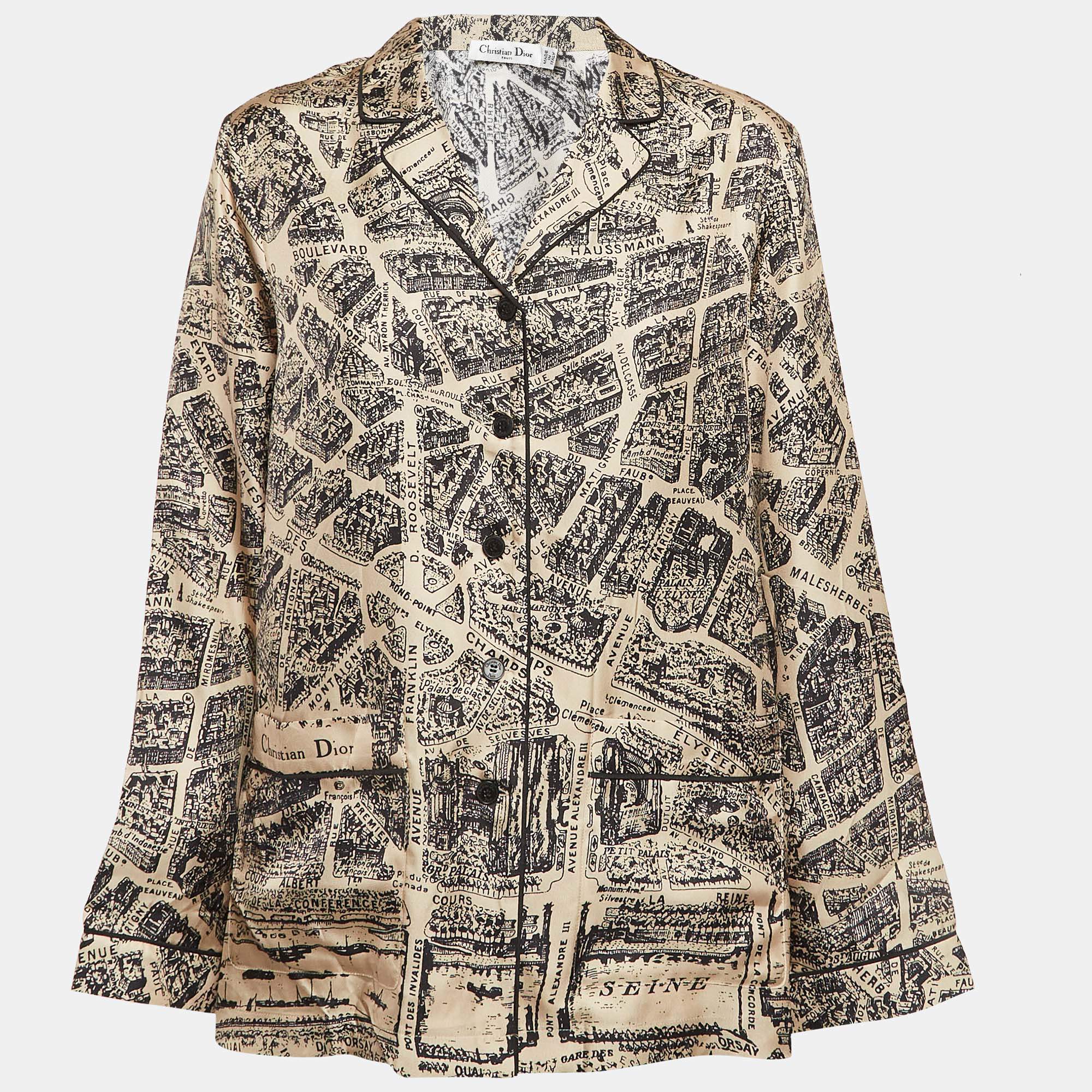 Pre Owned Christian Dior Beige Plan De Paris Motif Print Silk Shirt L