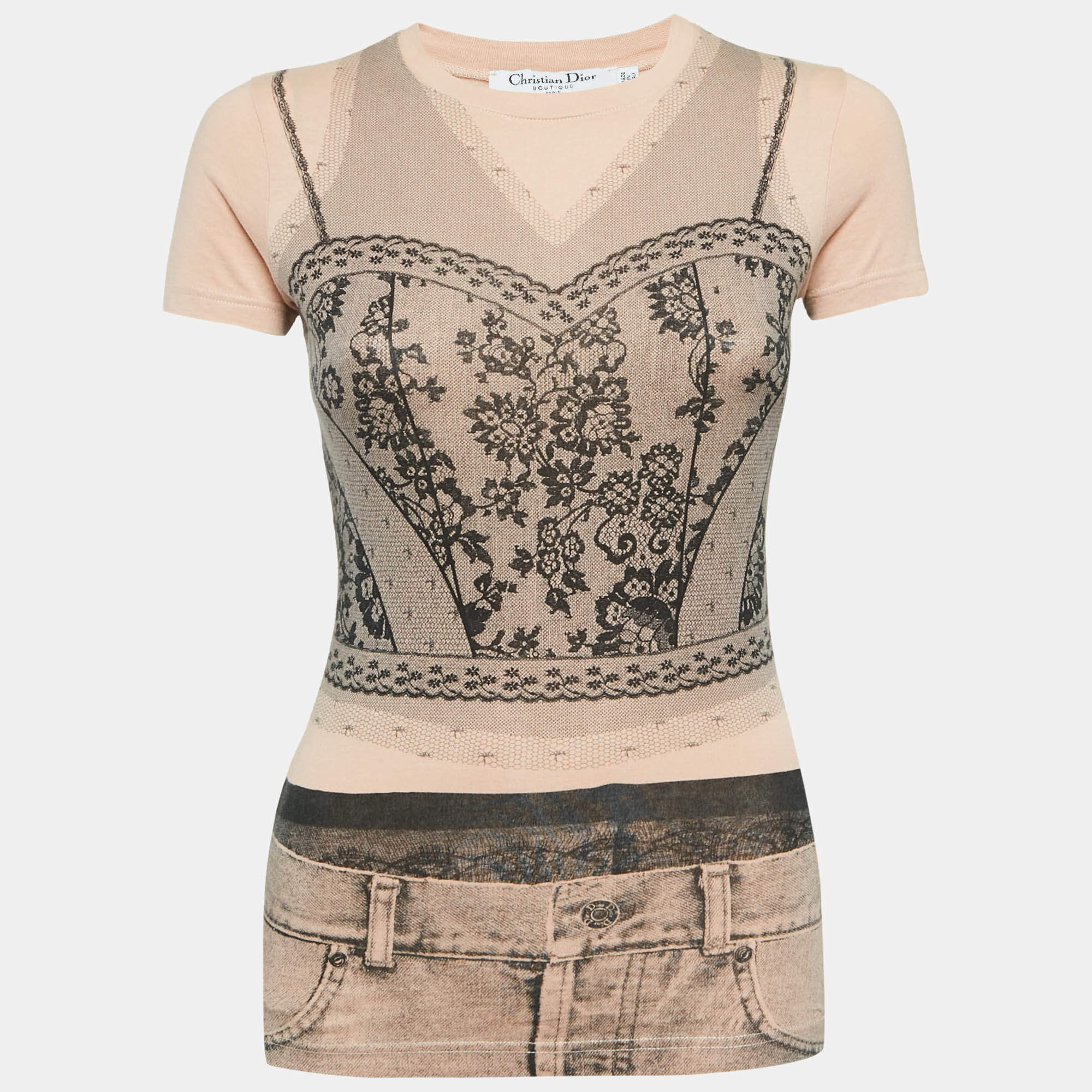 Pre Owned Christian Dior Boutique Peachy Beige Trompe l'oeil Print Cotton T-Shirt S