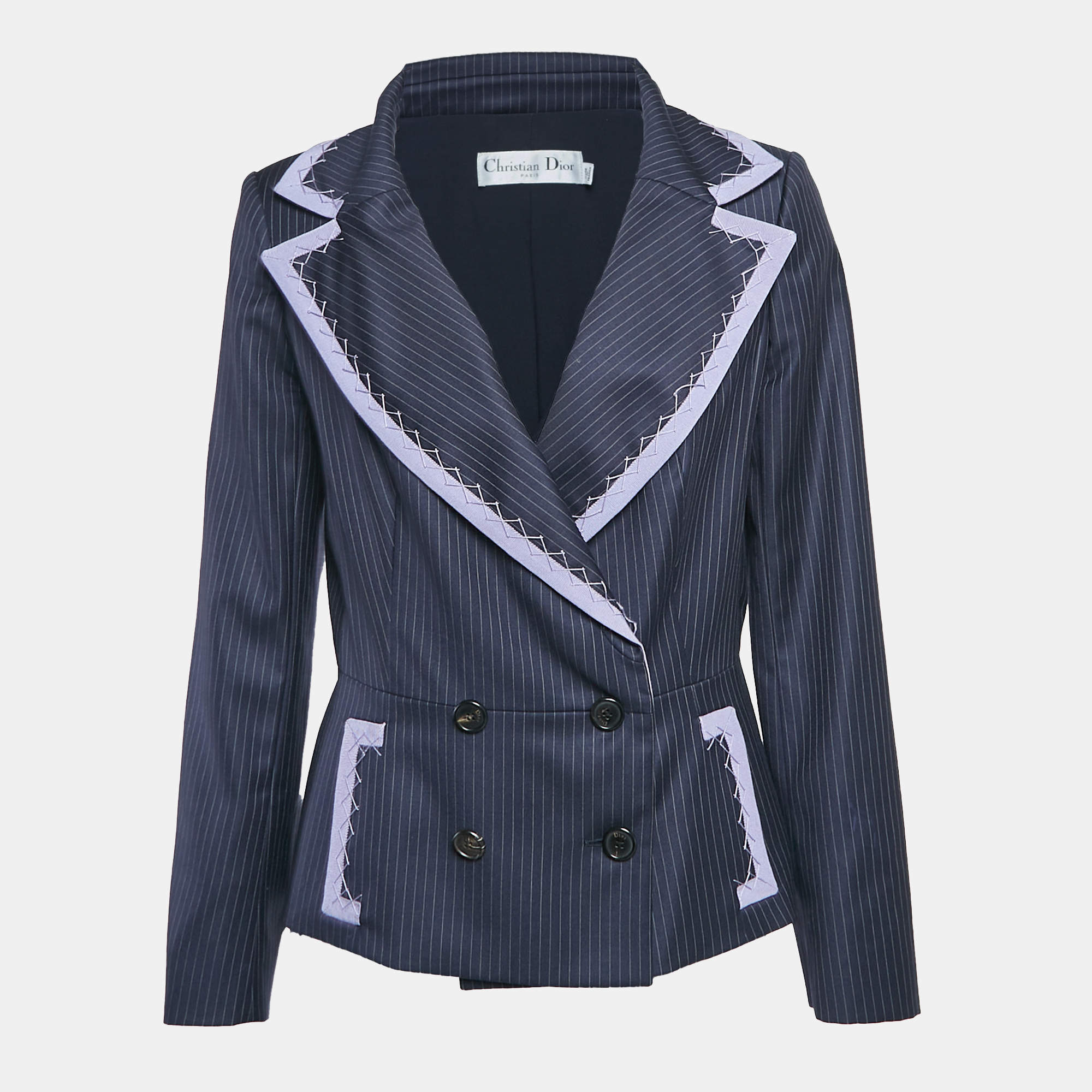 Pre Owned Christian Dior Navy Blue Pinstripe Wool Double Breasted Blazer L