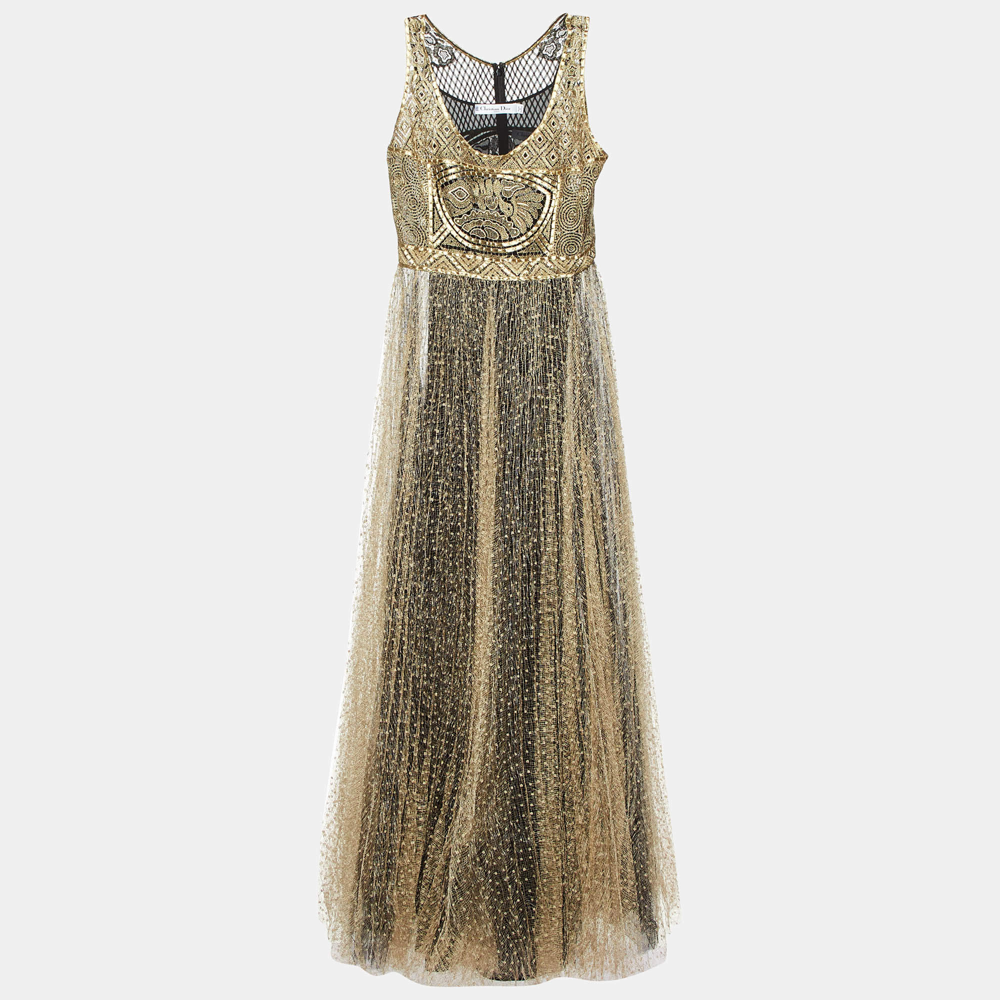 Pre Owned Dior Gold Embroidered Lace & Tulle Sleeveless Maxi Dress L