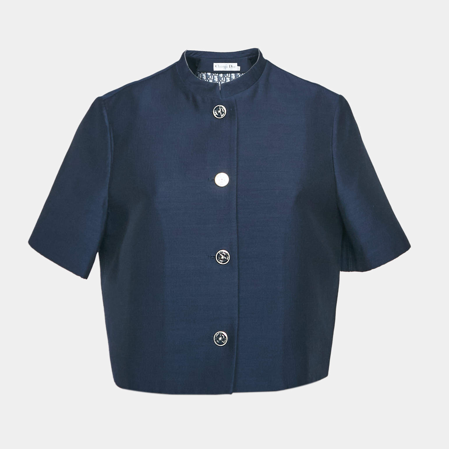 Pre Owned Christian Dior Navy Blue Silk Blend Short Sleeve Jacket M