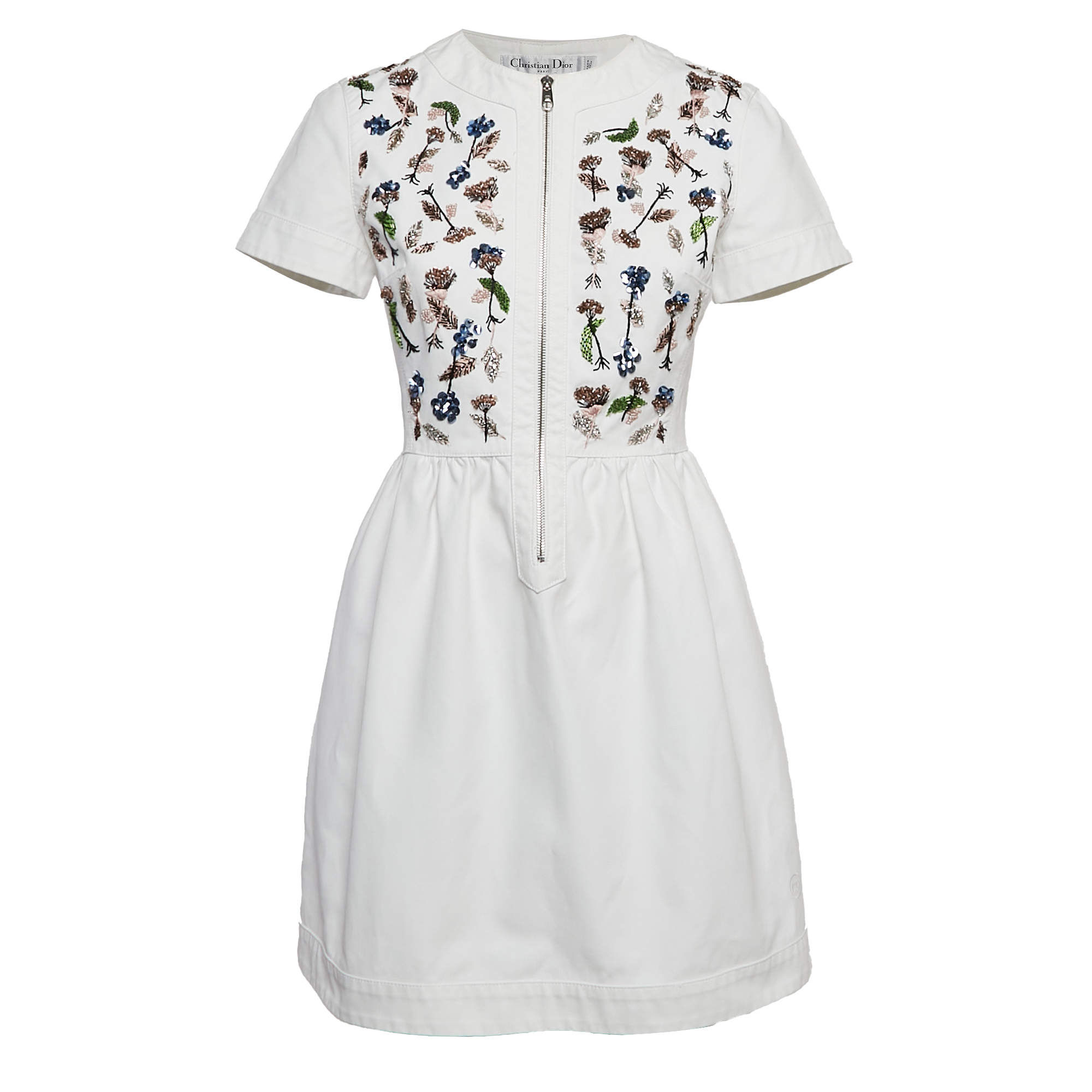 Christian Dior White Floral Beaded Cotton Mini Dress M