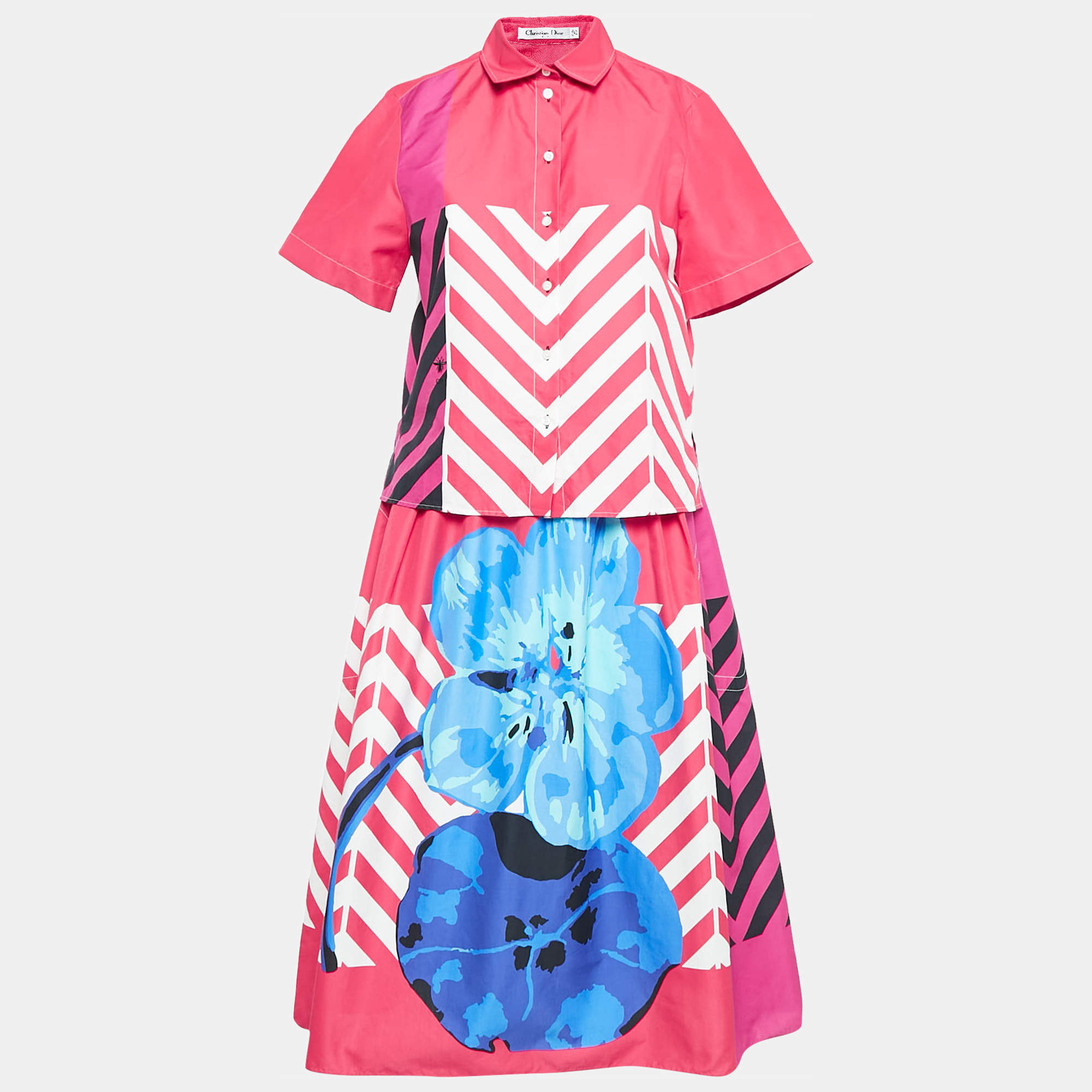 Dior Pink/Multicolor Printed Cotton Shirt and Skirt Set L