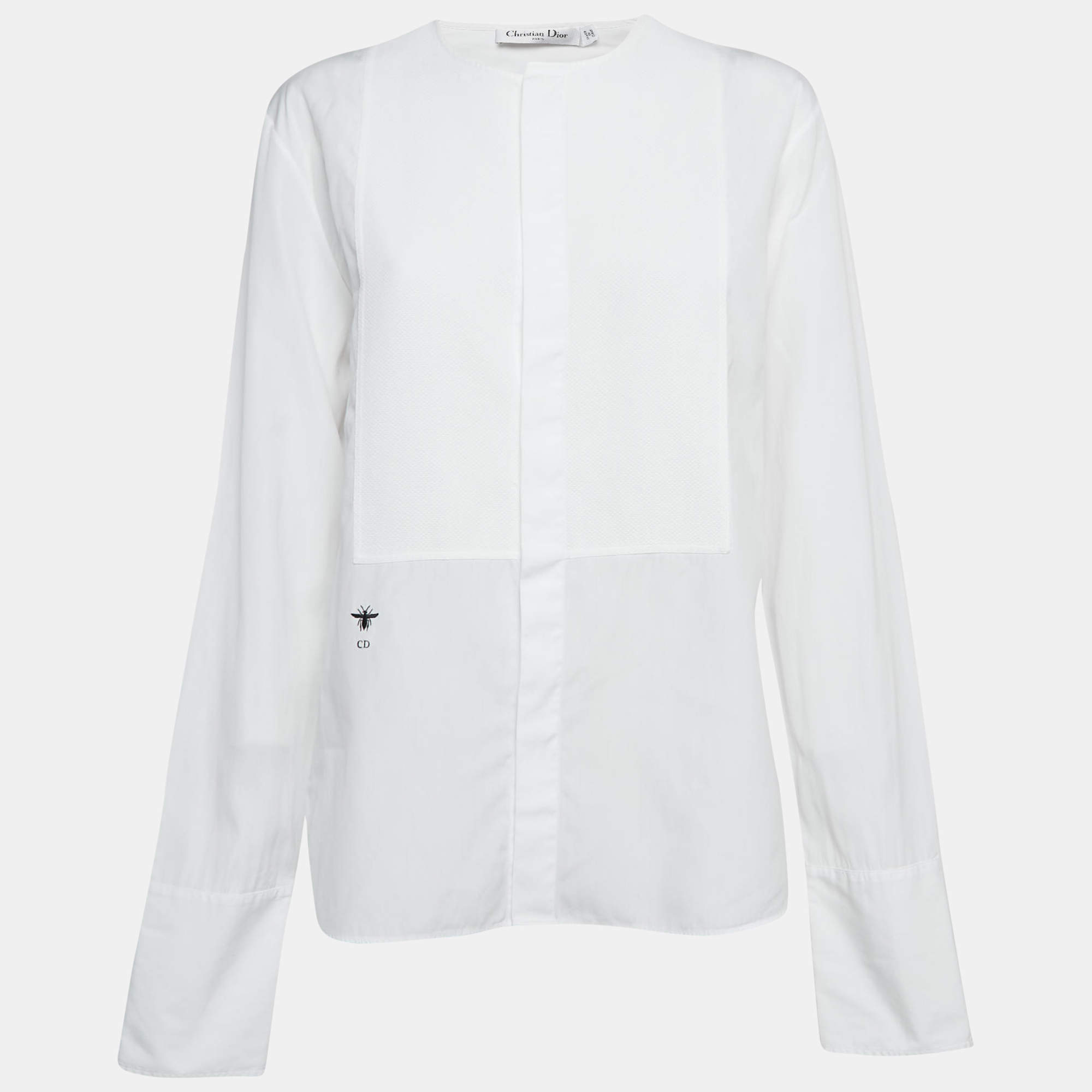 Pre Owned Christian Dior White Cotton Collarless Shirt L