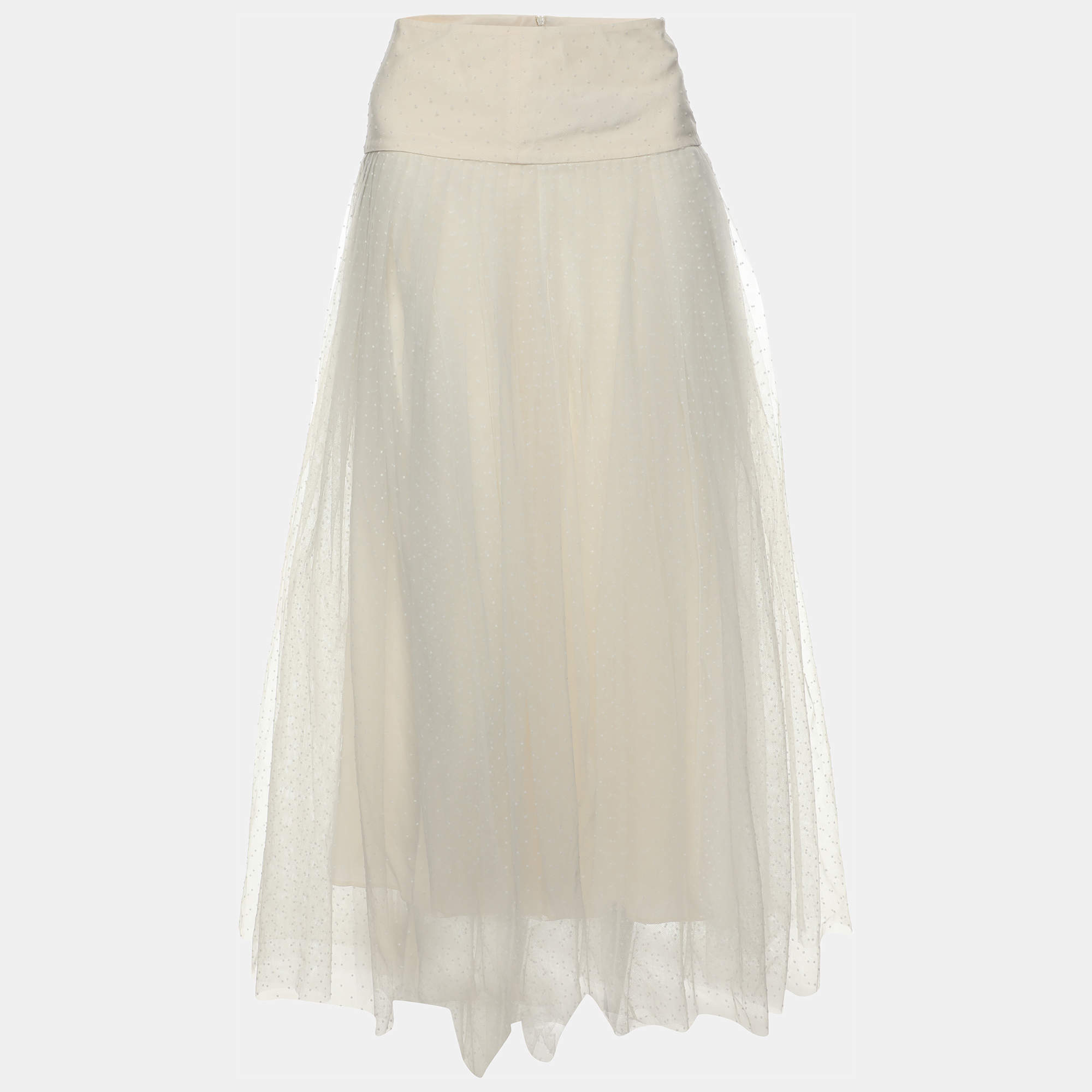 Dior Cream Textured Tulle Overlay Gathered Midi Skirt S