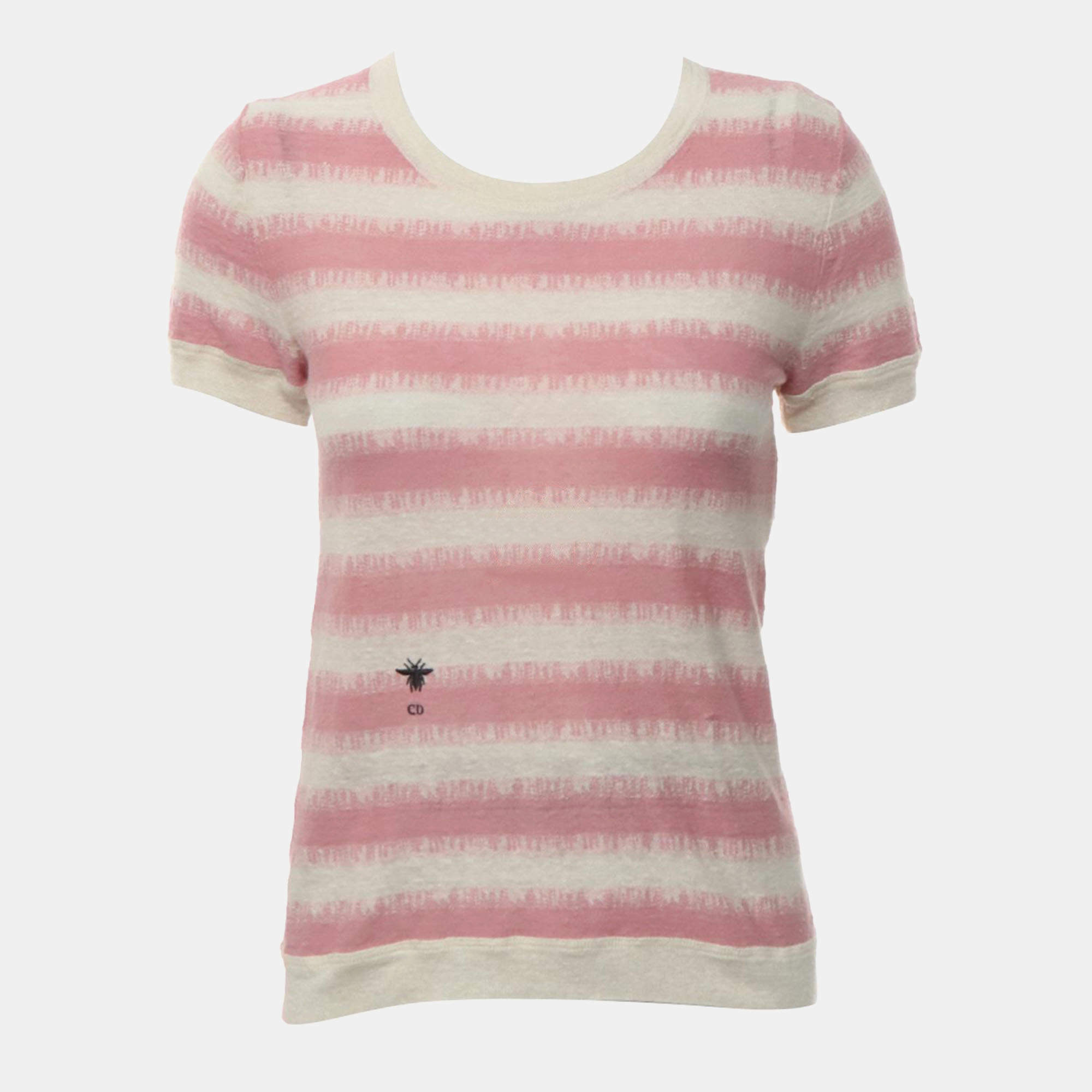 Dior Pink, Cream Linen, Cashmere, Silk, Polyamide Knitted Bee Embroidered T-Shirt IT 38