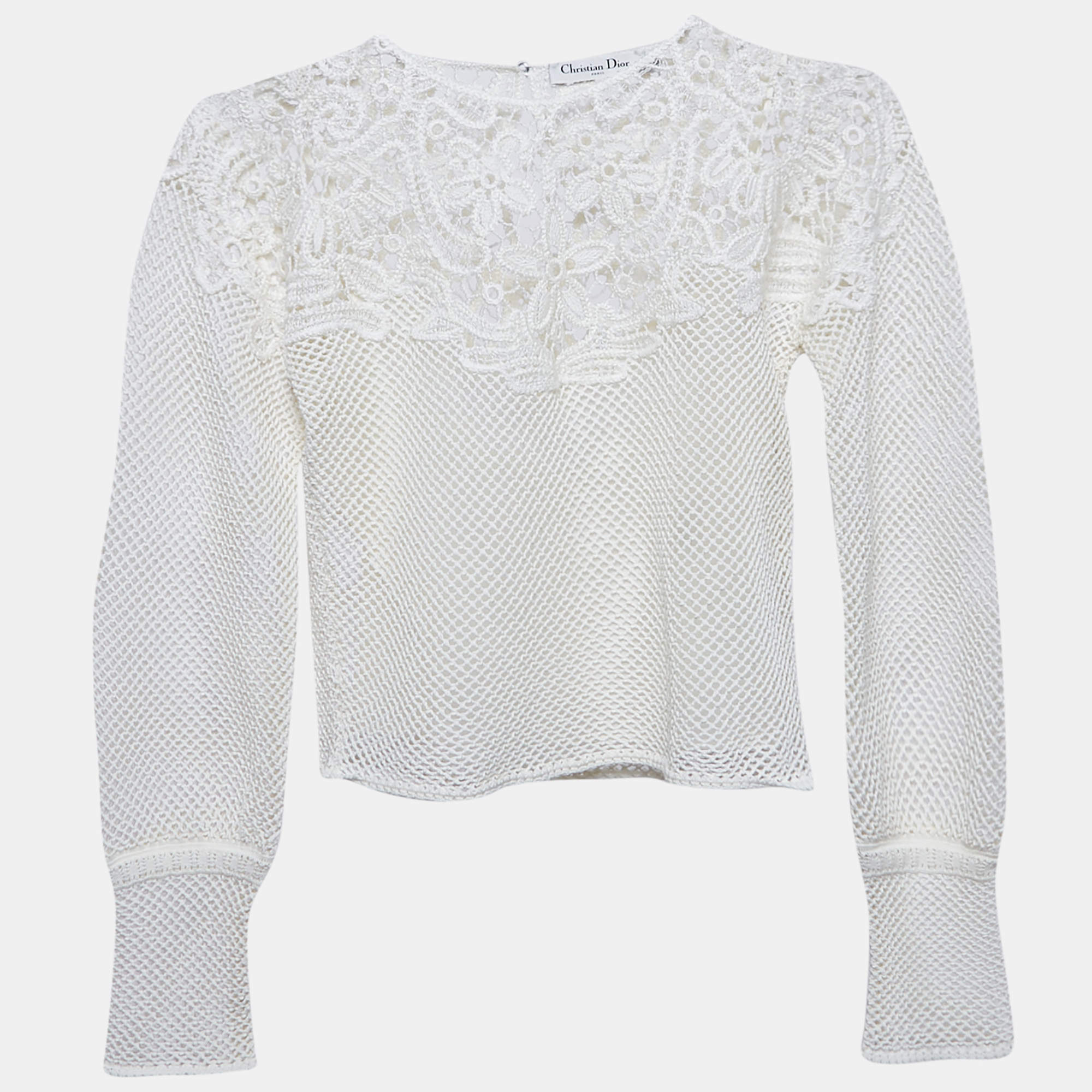 Christian Dior White Cotton Crochet Long Sleeve Top L