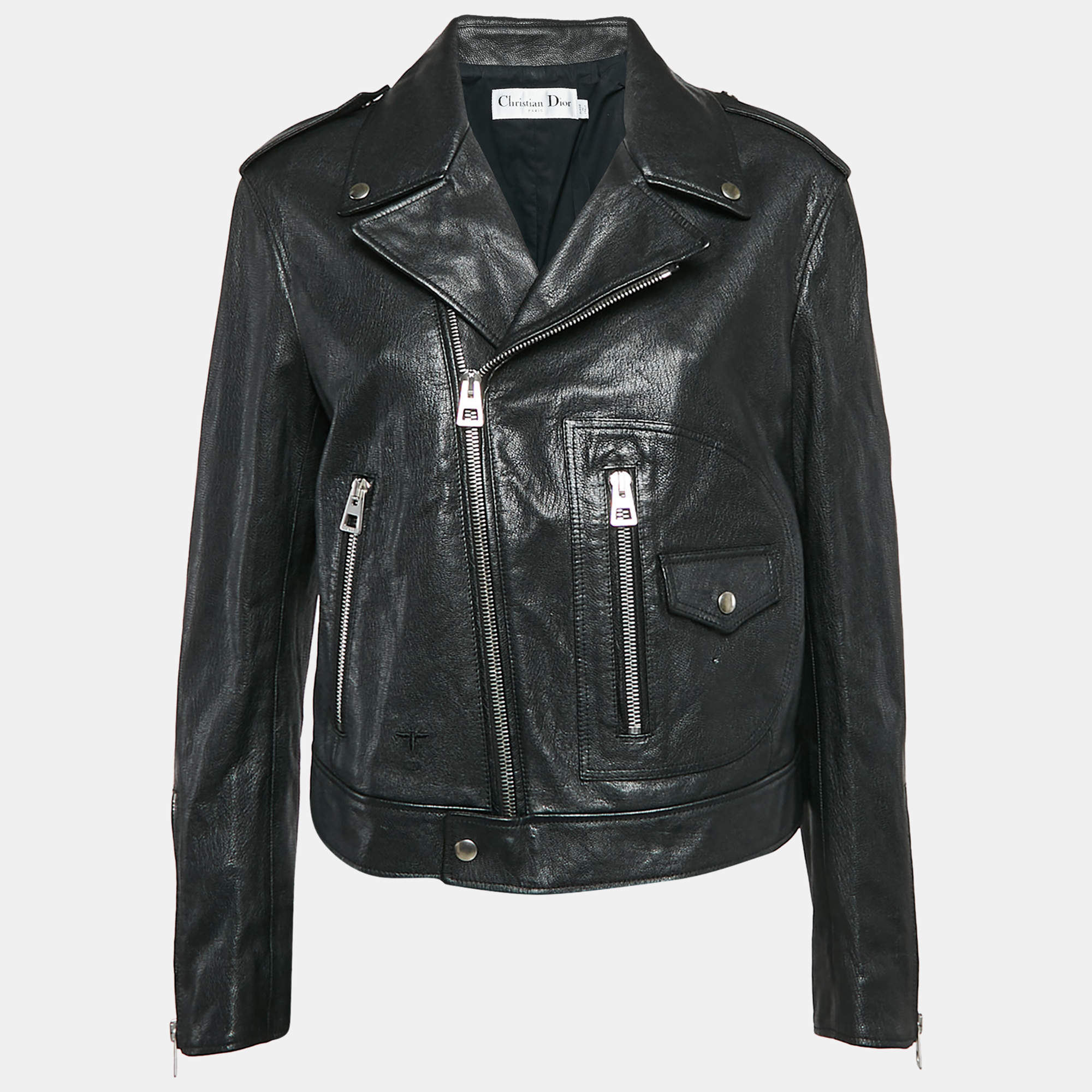 Pre Owned Christian Dior Black Leather Zip-Up Rider Jacket L