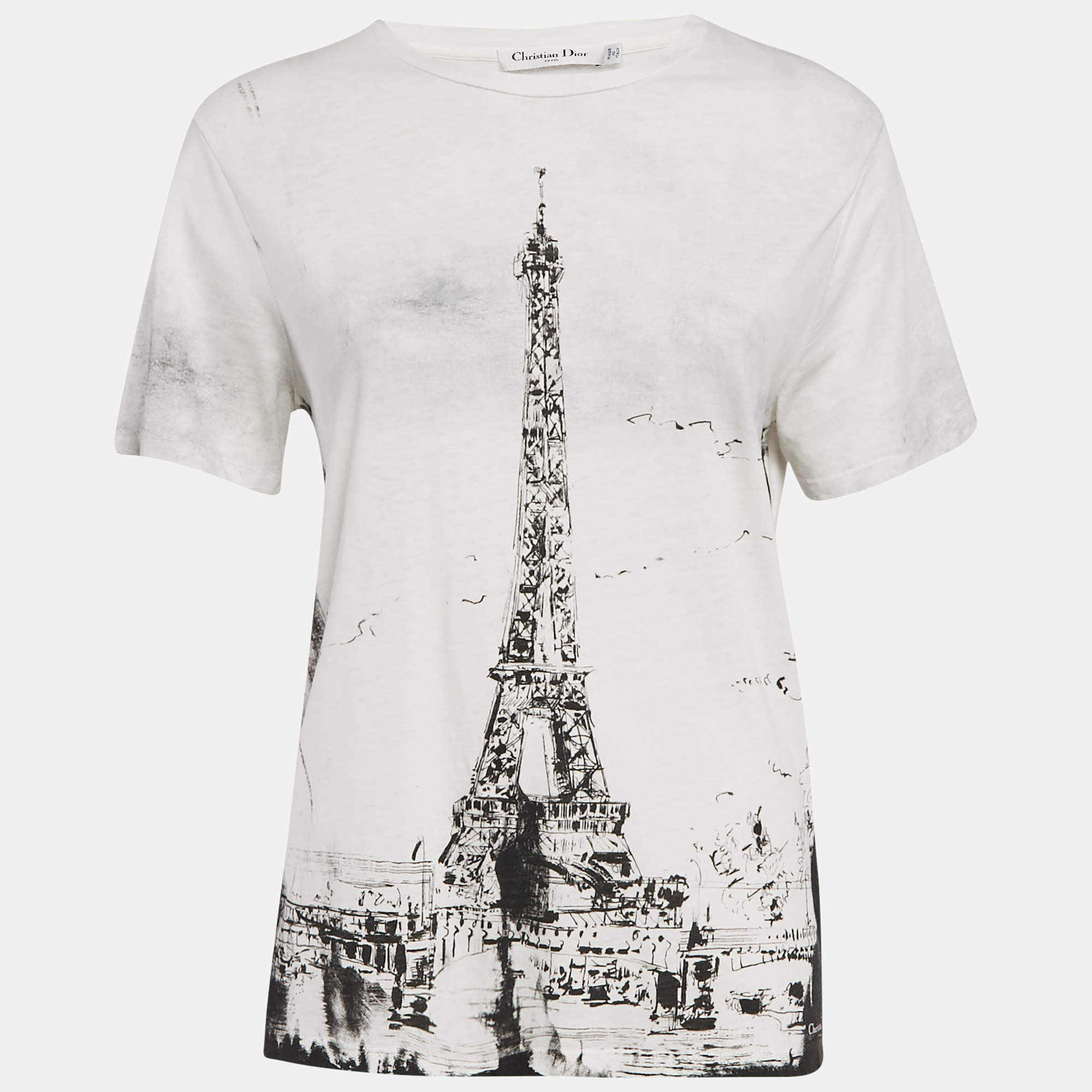 Christian Dior White Eiffel Tower Print Jersey T-Shirt S