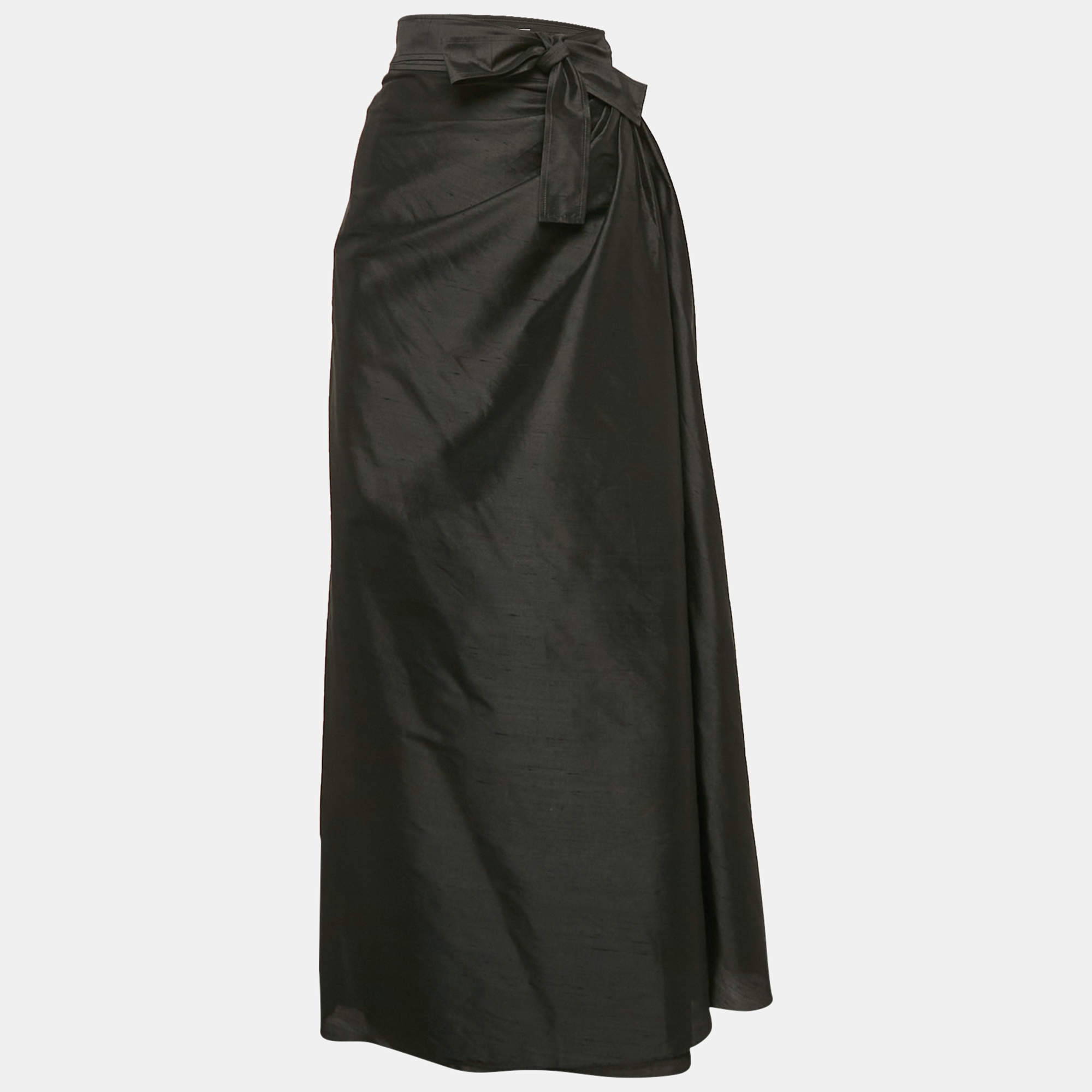 Christian Dior Black Dupion Silk Pleated Maxi Wrap Skirt L
