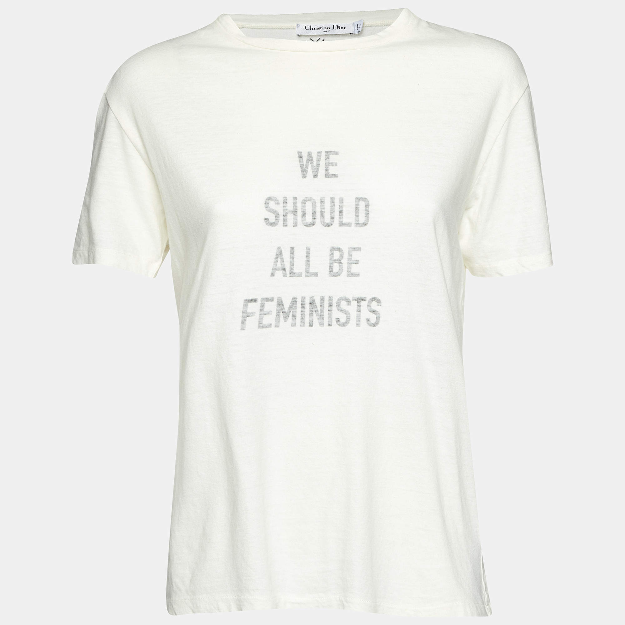 Pre Owned Dior Ivory Slogan Print Cotton & Linen Crew Neck T-Shirt M