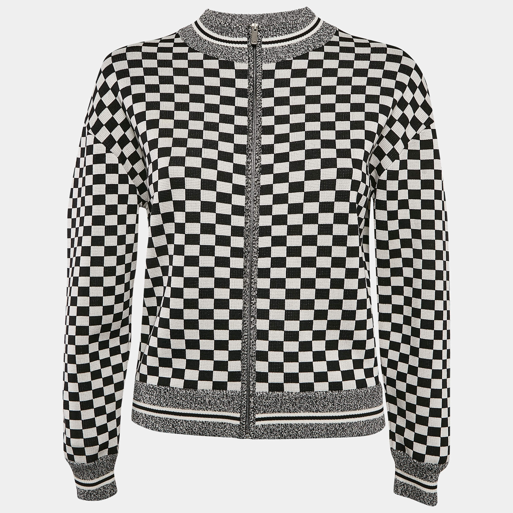 Christian Dior Black/White Checks J'Adior Stretch Knit Zip-Up Jacket S