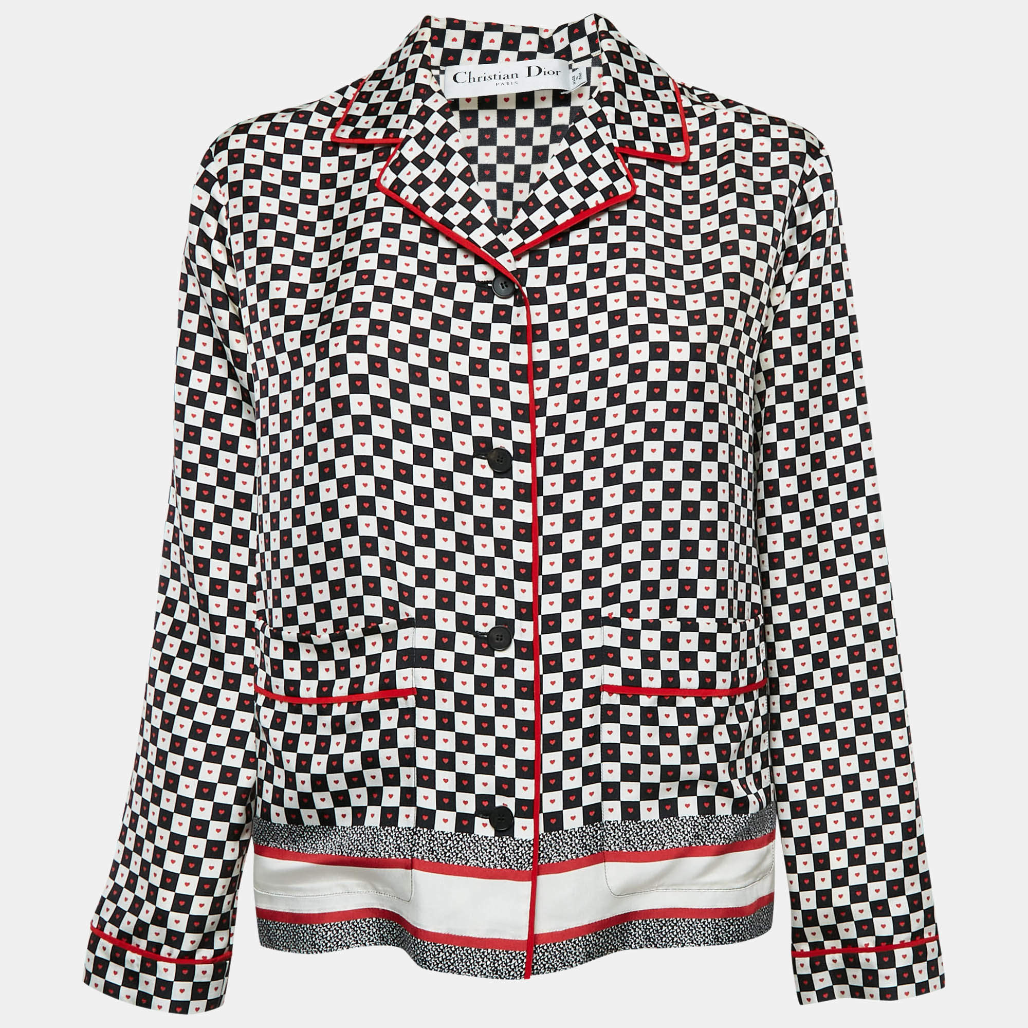 Pre Owned Dior Black/White Heart & Check Print Silk DiorAmour Pajama Shirt S