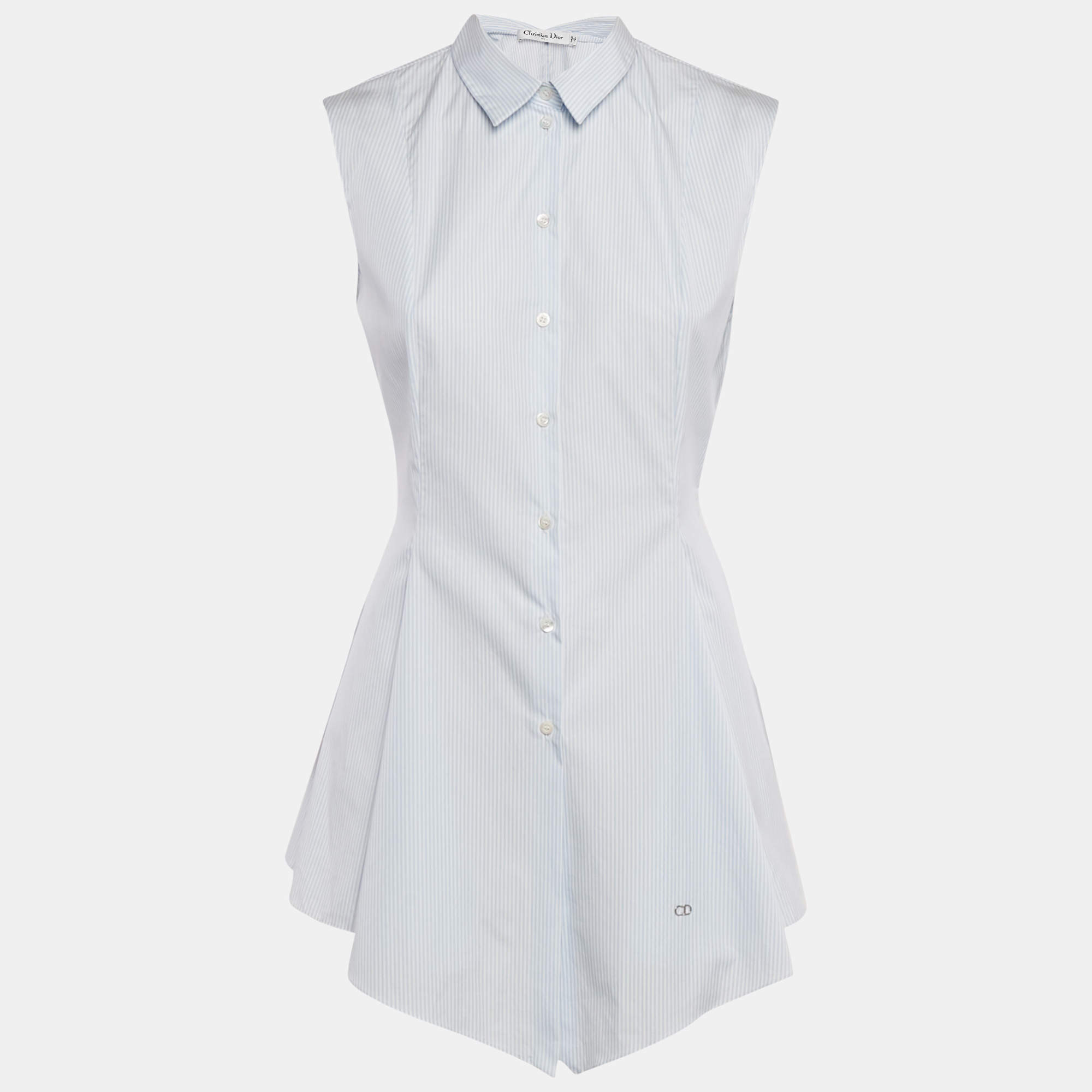 مملوكة مسبقًا Dior Blue Pinstripe Cotton Sleeveless Flared Shirt M