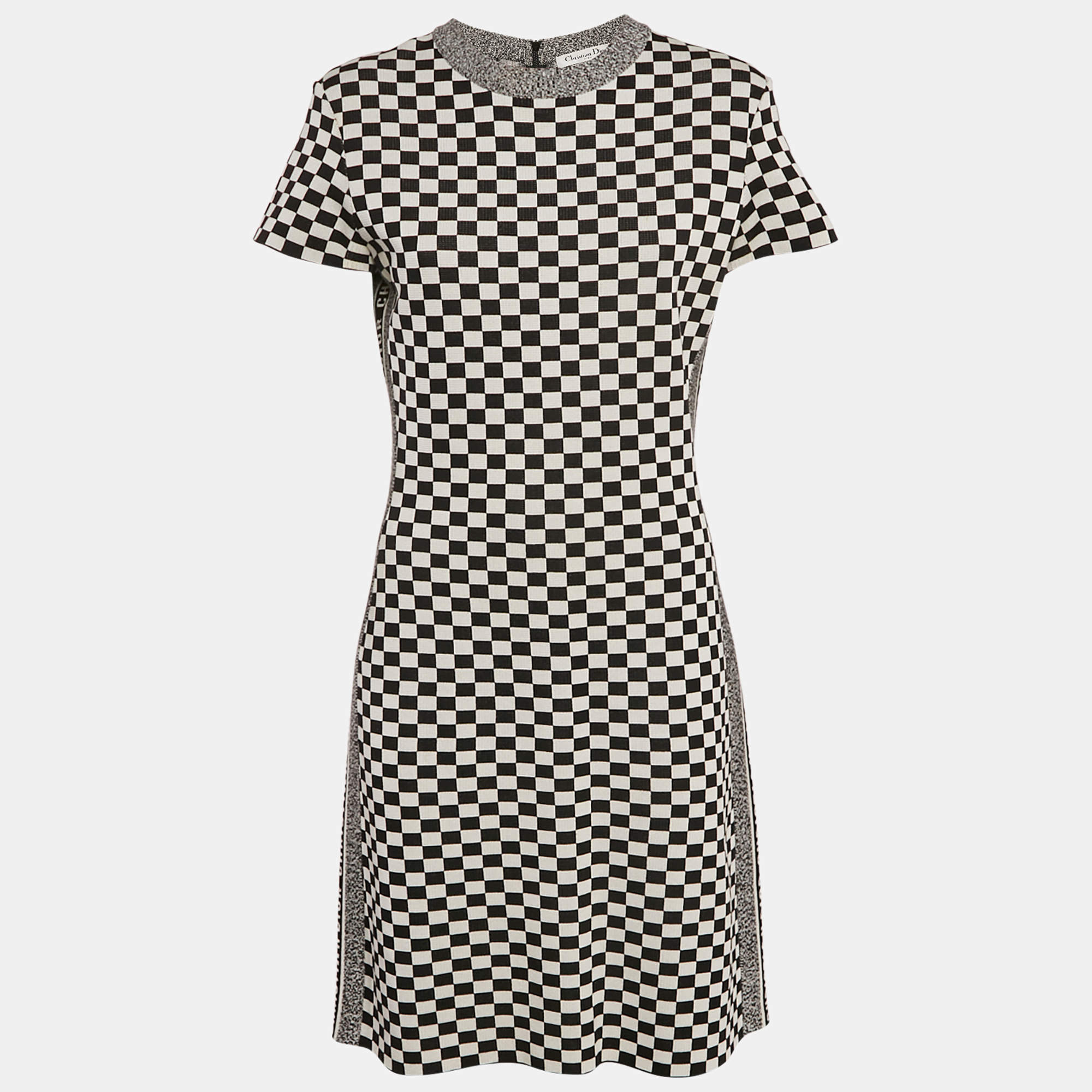 Dior Black/White Check Pattern Jersey Bodycon Midi Dress M