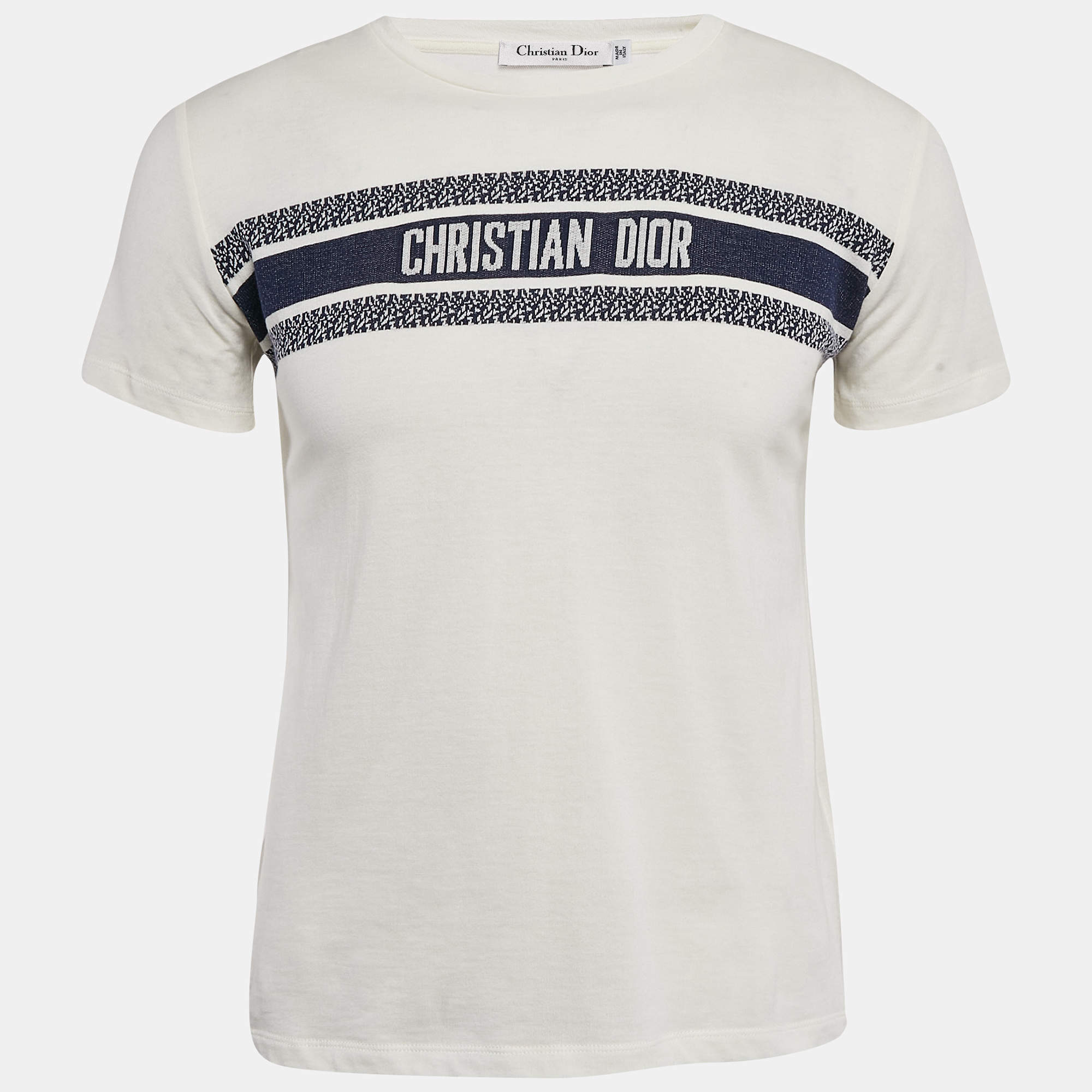 مملوكة مسبقًا Dior White Logo Jacquard Cotton Knit T-Shirt M