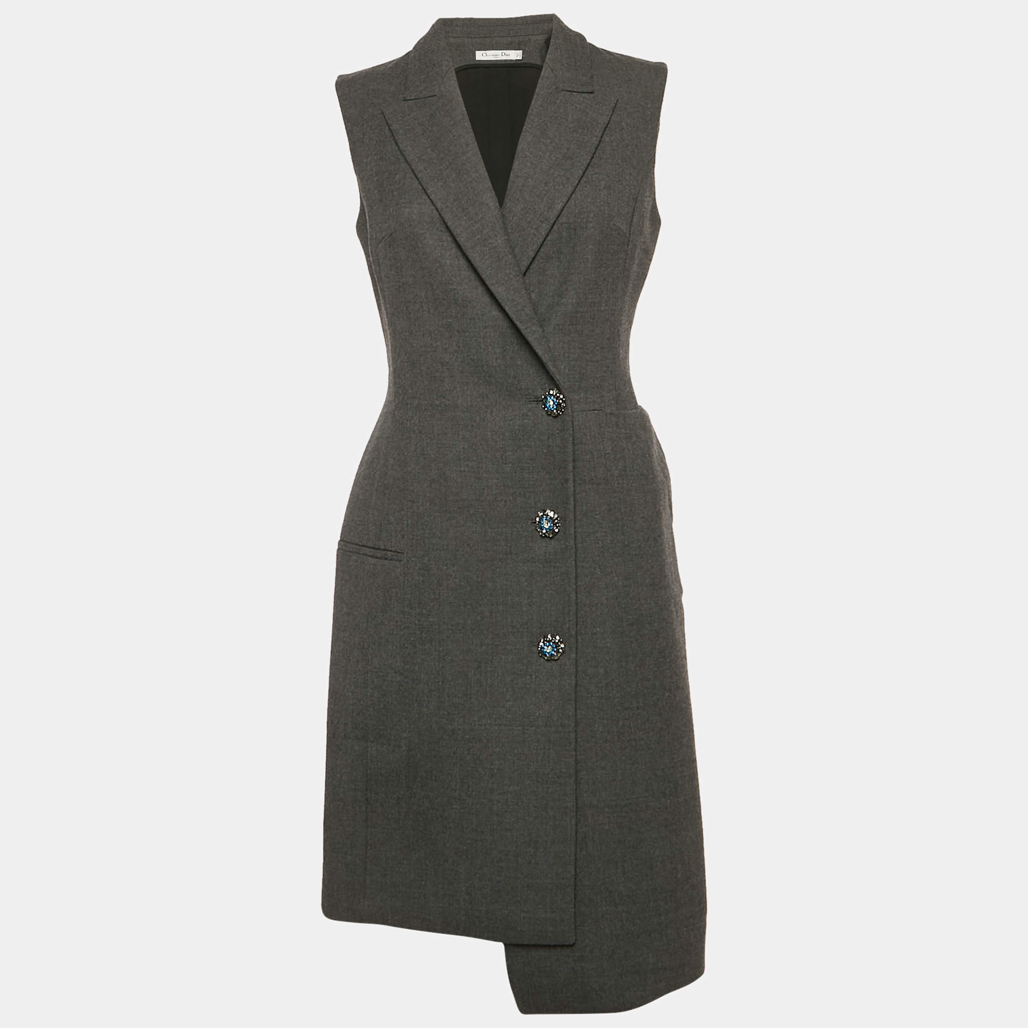 Pre Owned Dior Grey Wool Button Detail Sleeveless Overcoat L